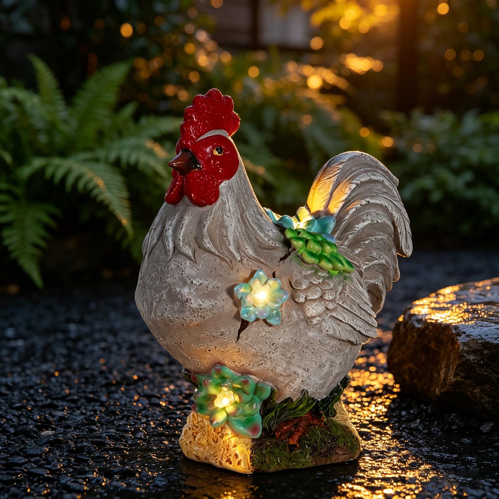 mocosa Solar Garden Statues Gray Rooster and LED Lights Birthday Gifts for Women Mom Grandma Solar Outdoor Cat Decor for Outside