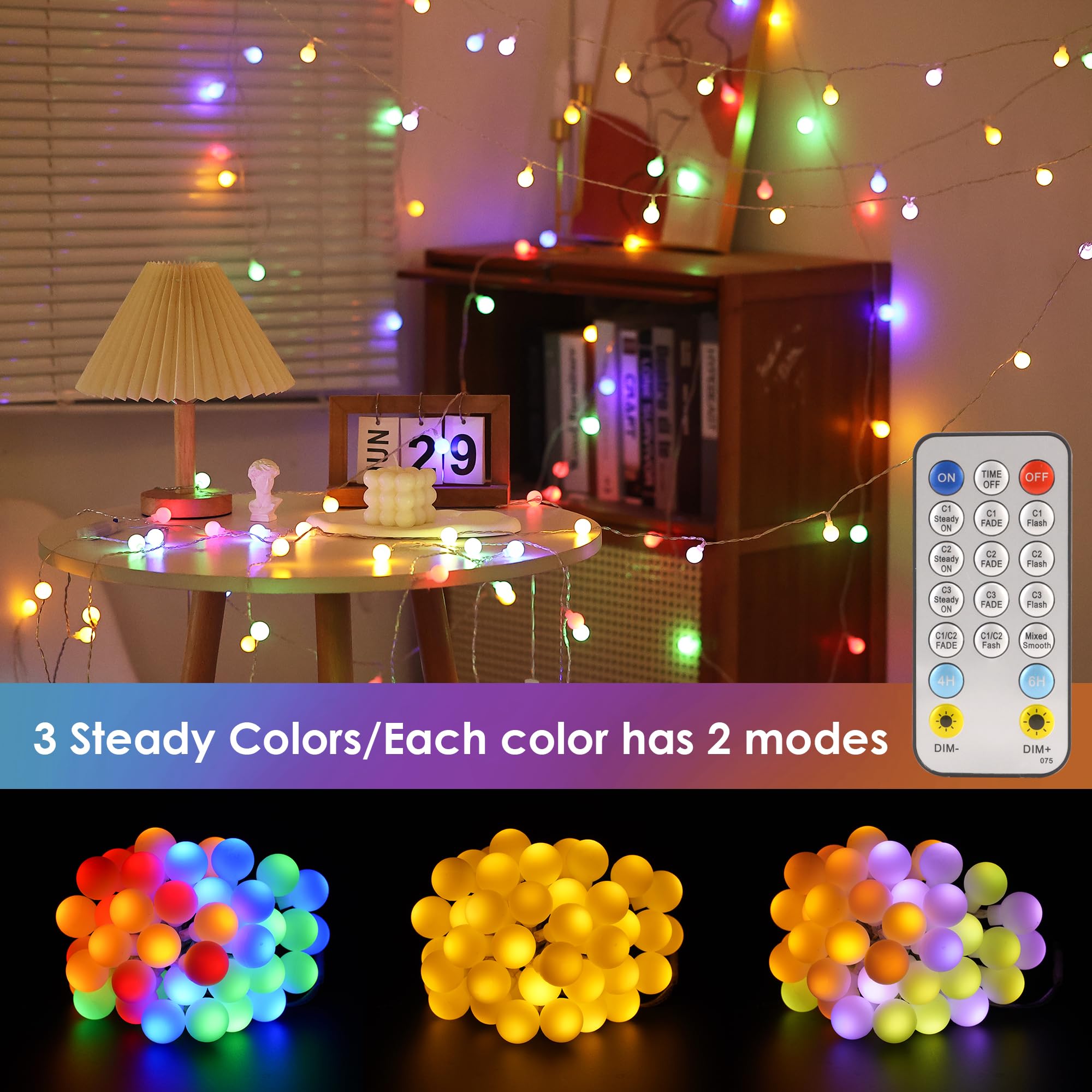 Globe String Lights Battery Operated 16.5Ft 50Led Outdoor Lights With Remote Warm White Multicolor Fairy Lights For Classroom Camping Bedroom Dorm Patio Balcony Tent Party Indoor Christmas Décor