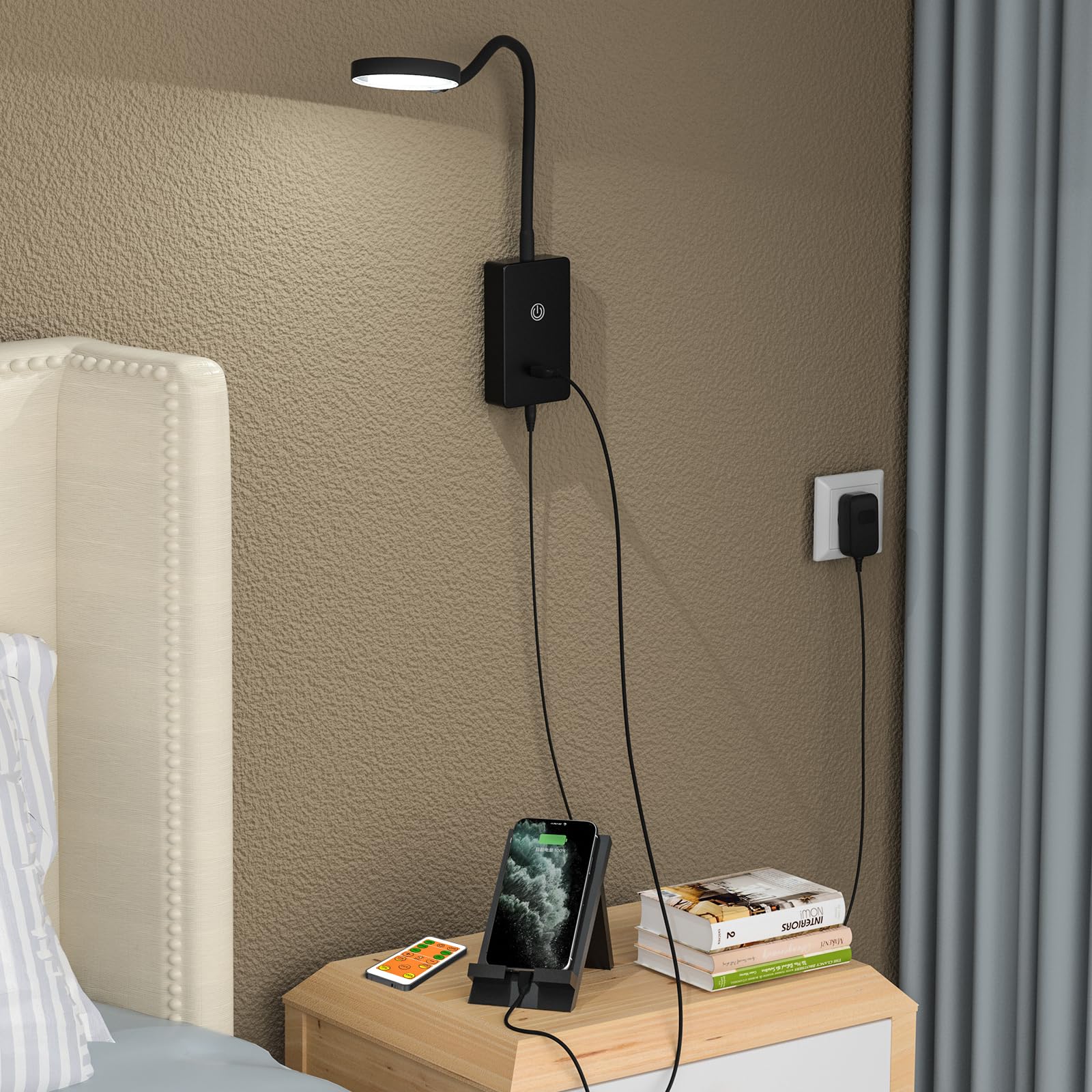 PRINCEWAY LED Reading Light with Remote Control, Dimmable 5W 500Lm, 3 Colors, Wall Mounted, Black, Model PRC-H014-12