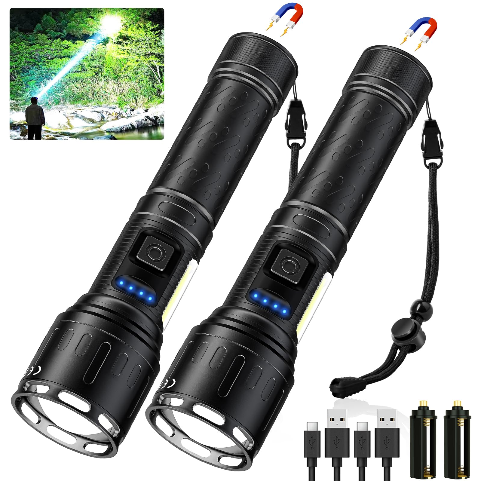 Rechargeable Magnetic Flashlights 100 000 High Lumens  Super Bright Led Powerful Flashlight 8 Modes With Cob Work Light  Waterproof Handheld Flash Light For Camping (2 Pack With Paper Box  Black)