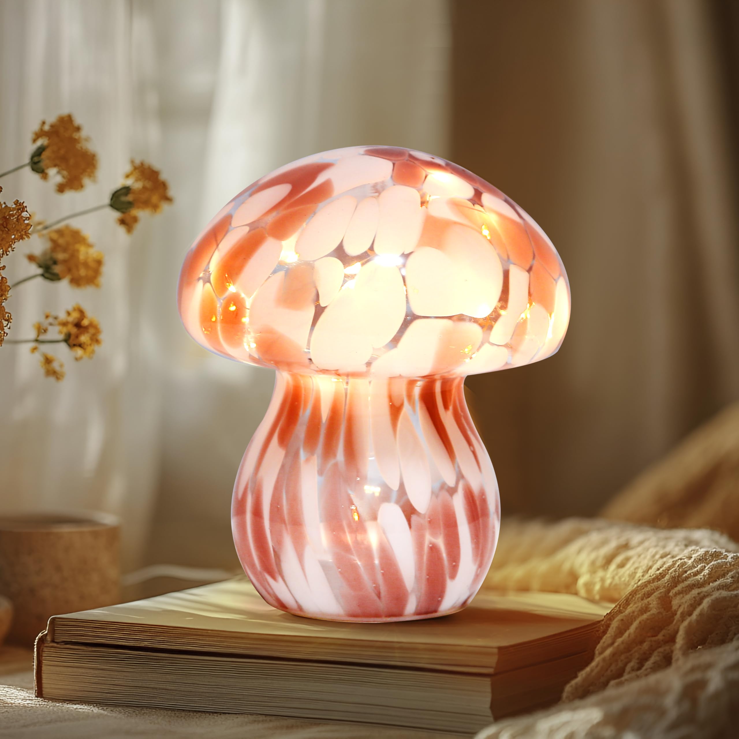 JBGIYOSG Glass Mushroom Table Lamp, 5.9 Cute LED Night Light for Home Decor, Battery Operated (3 AA), Modern Ambient Light for L