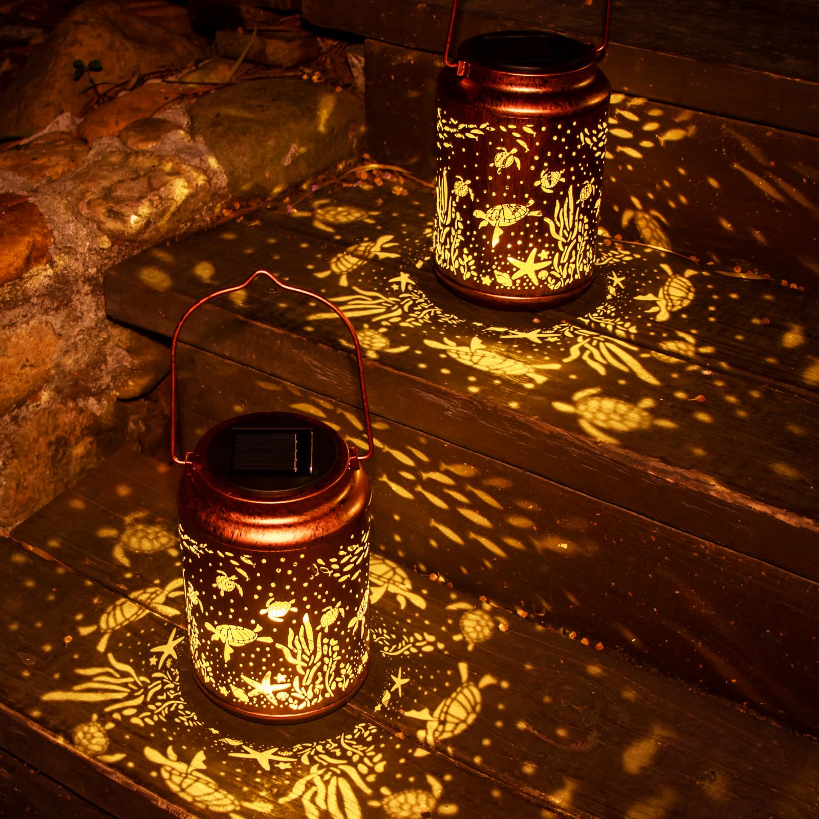 YISITEONE Solar Lanterns 2 Pack, Metal Waterproof Hanging Decor, Brown, Model ES04250300008 for Patio Yard Pathway Lawn