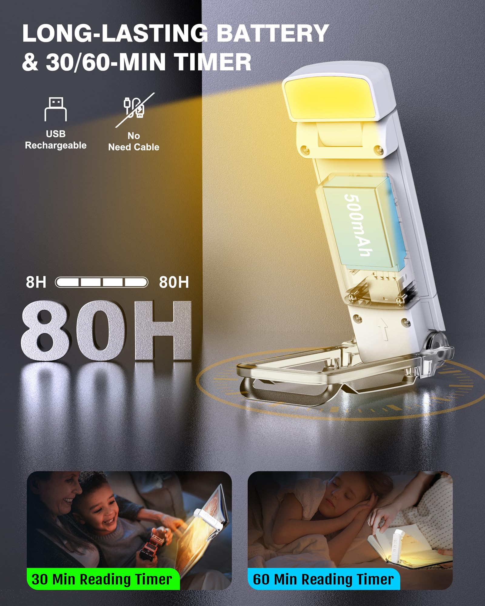 2-Pack Reading Light With 6 Bookmark, Portable Book Light For Reading In Bed, 3 Colors & 5 Brightness Dimmable Eye Care, Recharg