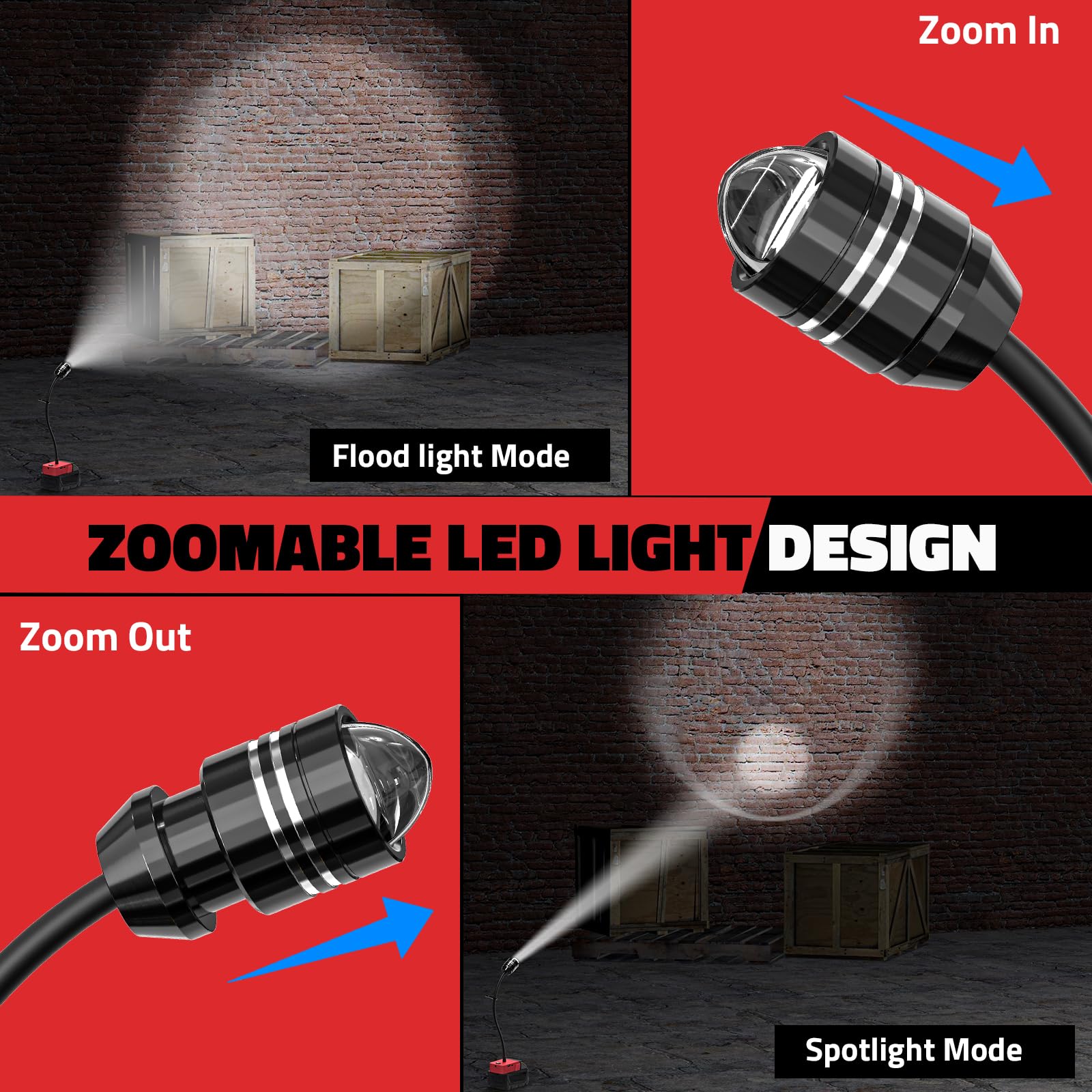 2Pcs Led Work Light For Milwaukee 18V Battery, 20W 2000Lm Led Light Flood Light, 12'' Flexible Gooseneck, Flashlight Battery Lig