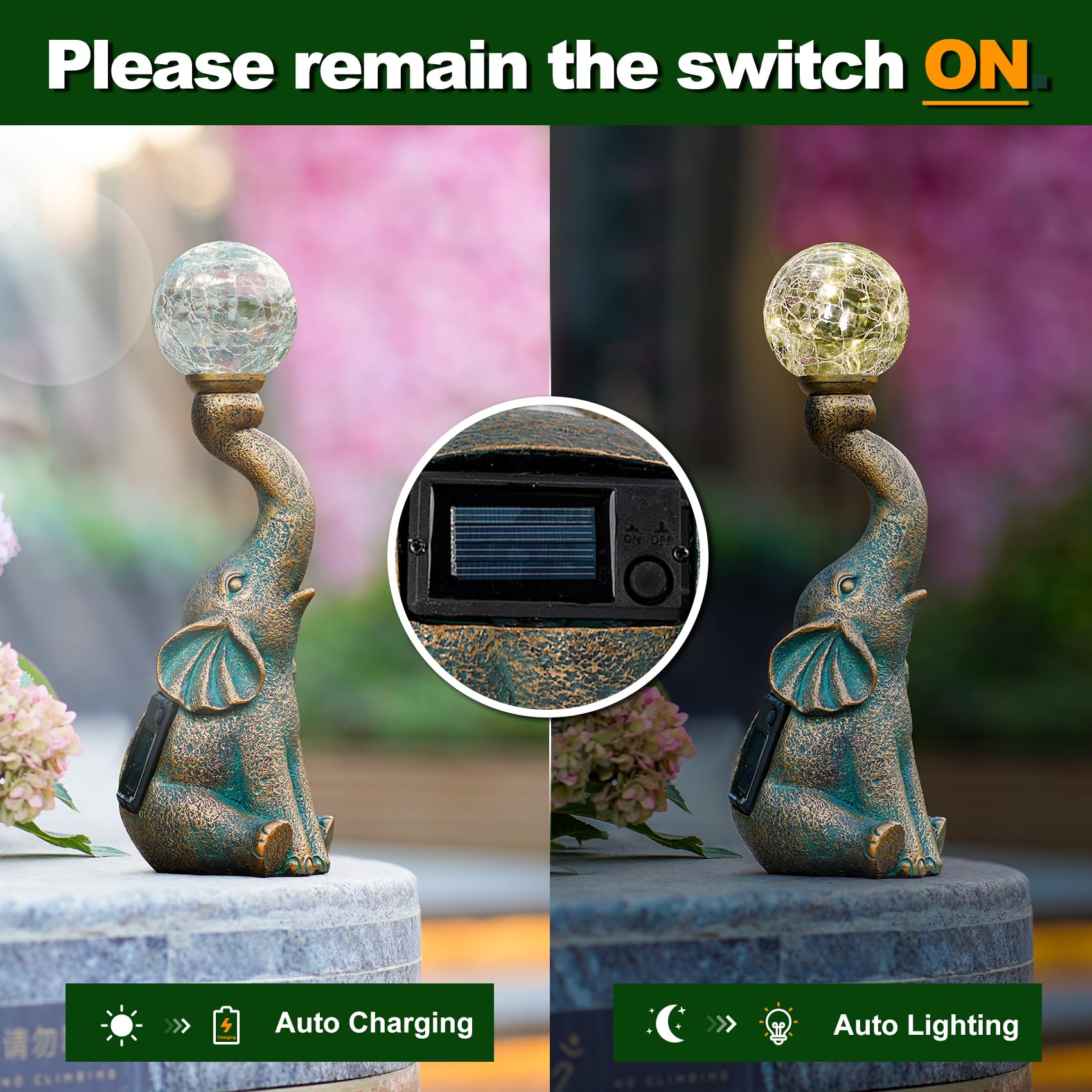 Mininova Garden Decor Outdoor Statues Elephant With Cracked Glass Ball, Cute Solar Figurine For Patio, Lawn, Yard Art Ornament D