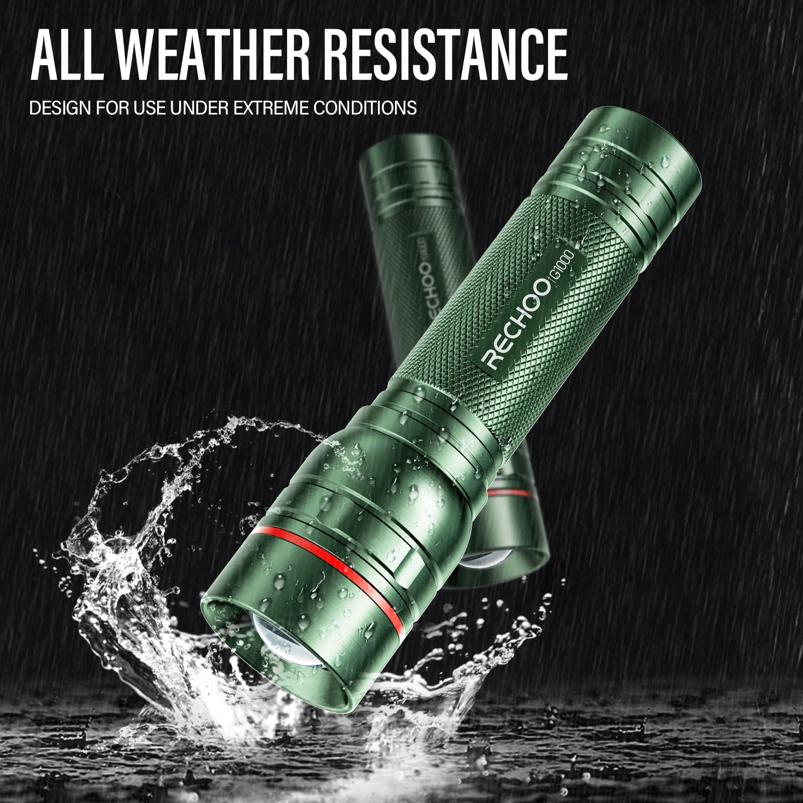 RECHOO G1000 Rechargeable Flashlight - High Lumens, Zoomable, 3 Modes, Portable Tactical, Green, Aluminum, 1 Pack