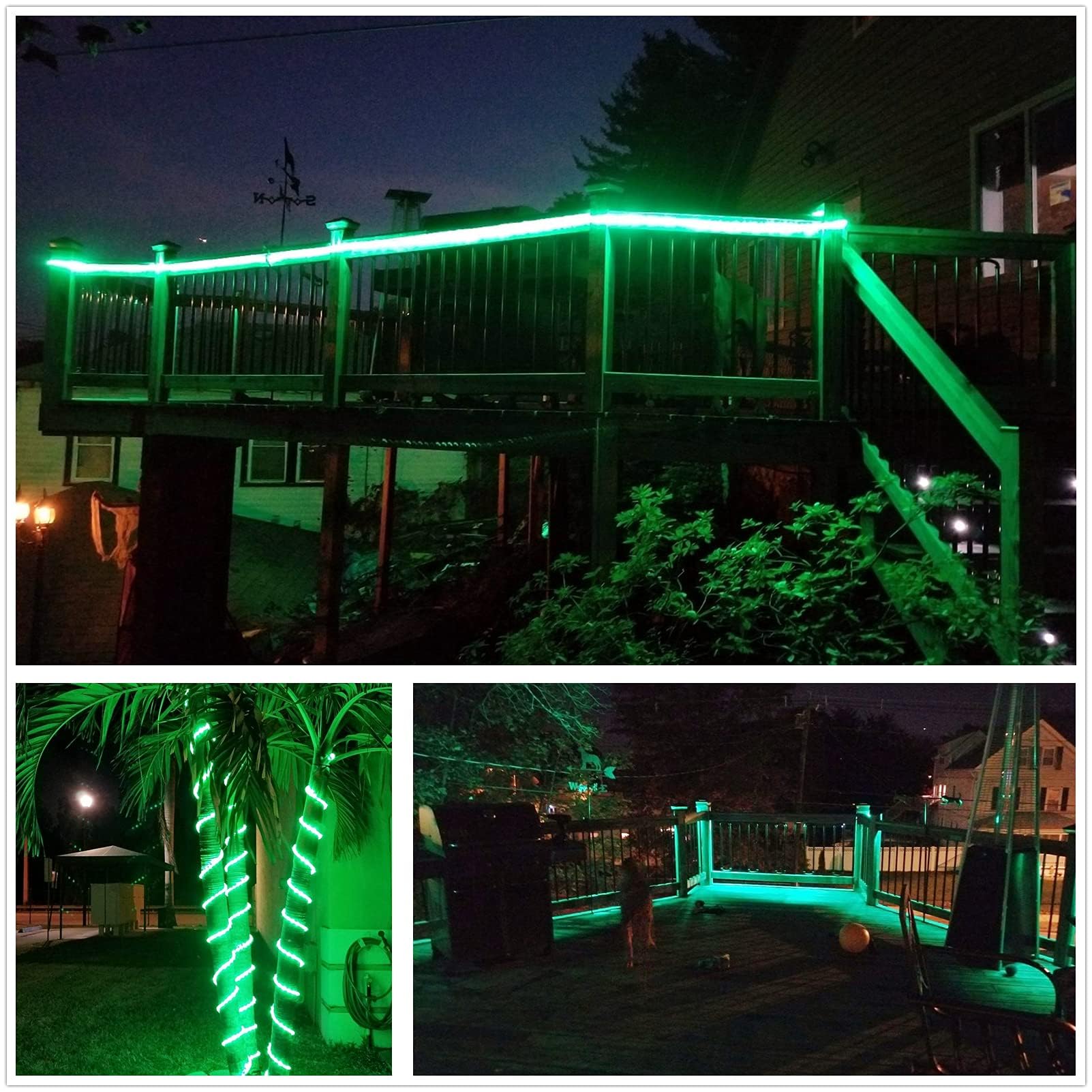 Tuanchuanrp Waterproof LED Rope Lights, 100ft Green Outdoor Strip Lighting for Halloween, Christmas, Deck, Eaves, Landscape