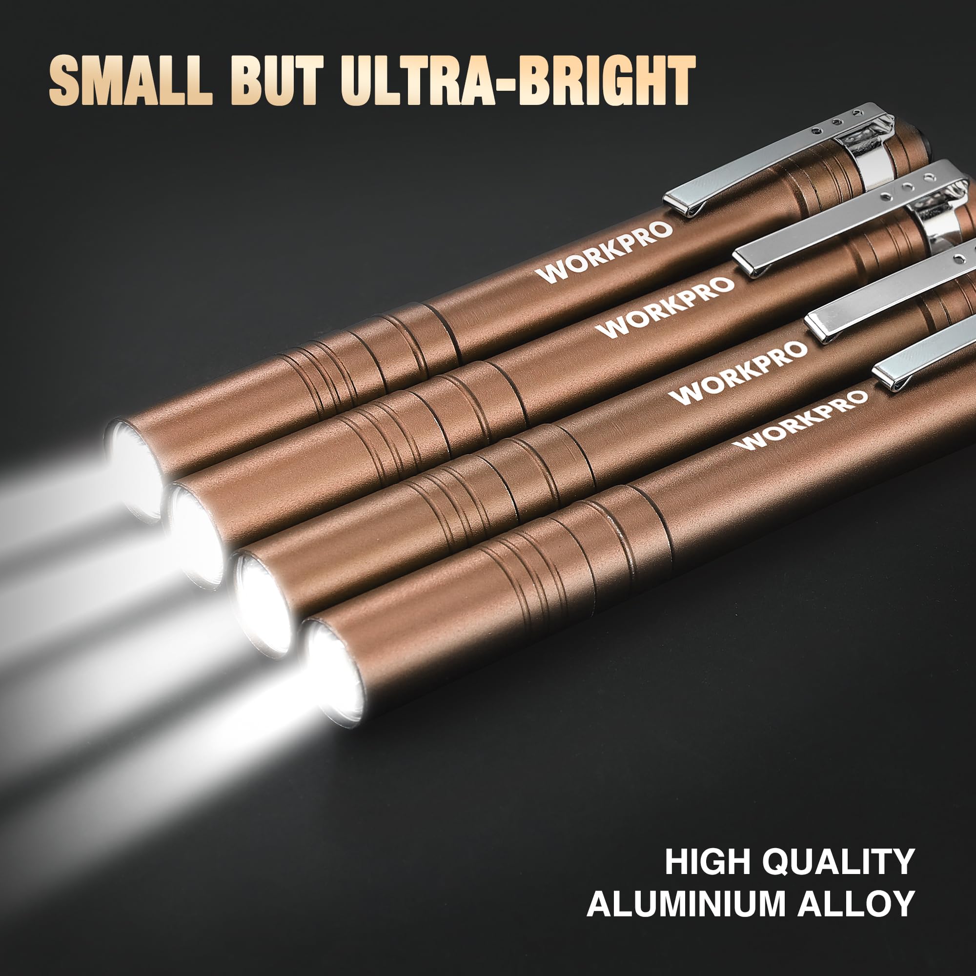 Workpro Led Pen Light, Aluminum Pen Flashlights, Pocket Flashlight With Clip For Inspection, Emergency, Everyday, 2Aaa Batteries Include, Brown(4-Pack)