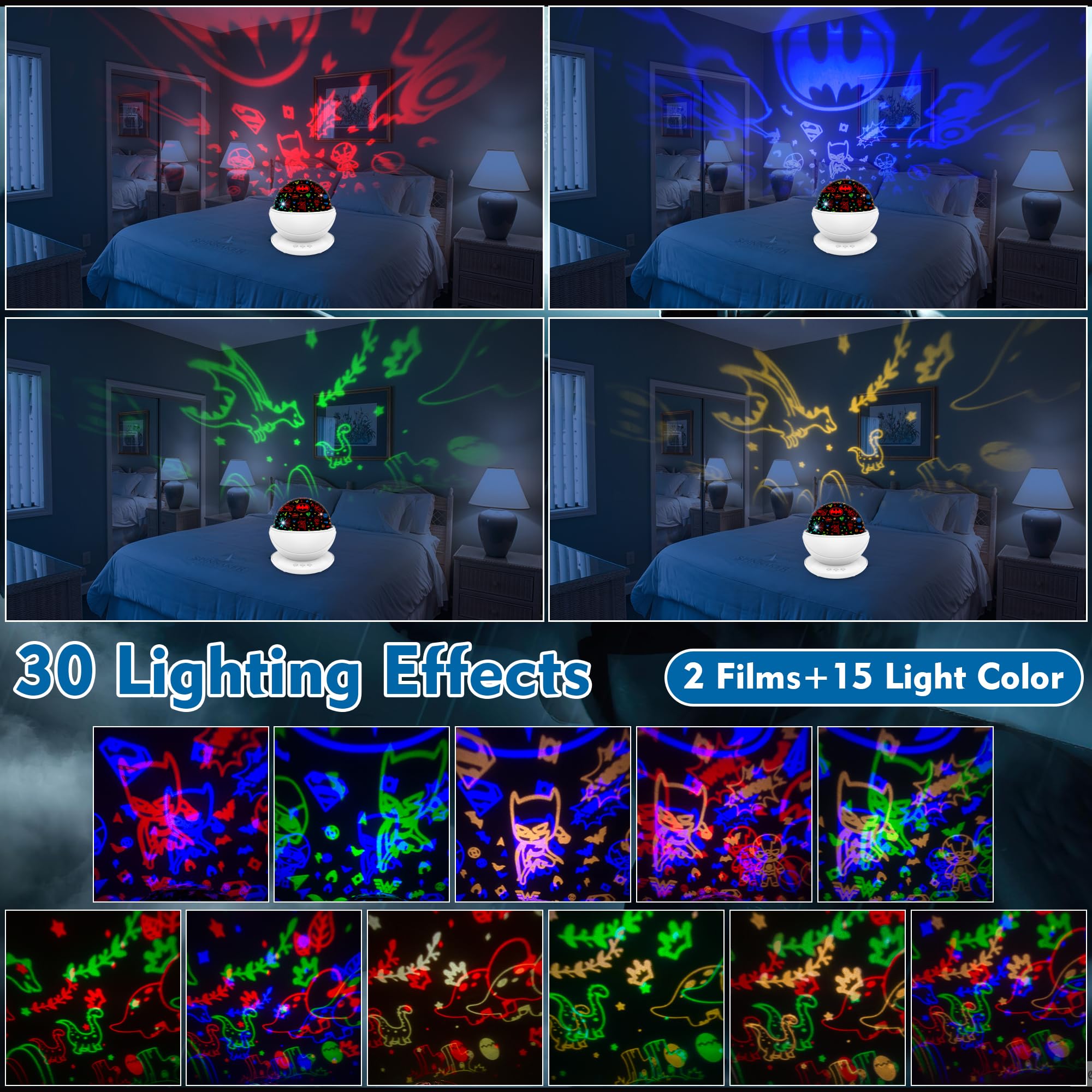 Vanshinieer Batman Dinosaur Night Light Projector For Kids Boys, 360 Degree Rotation Baby Night Lights, 15 Mode Color Changing, Christmas Birthday Gift Toys For 3-8 Year Old Girls Boys