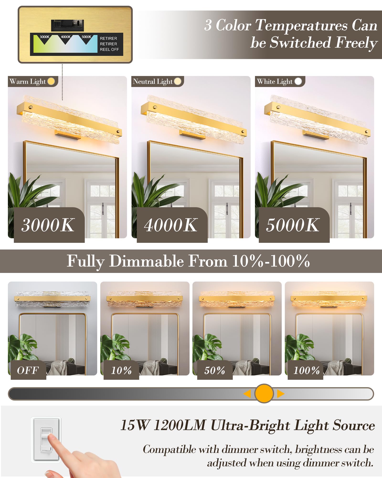 Osimir Brushed Gold Led Bathroom Vanity Light  24.4 Inch 15W Modern Dimmable Bathroom Light Fixture Over Mirror  Crystal Bar Wall Sconce Lighting For Bath  3Cct  Os-Mm5001-3Bg