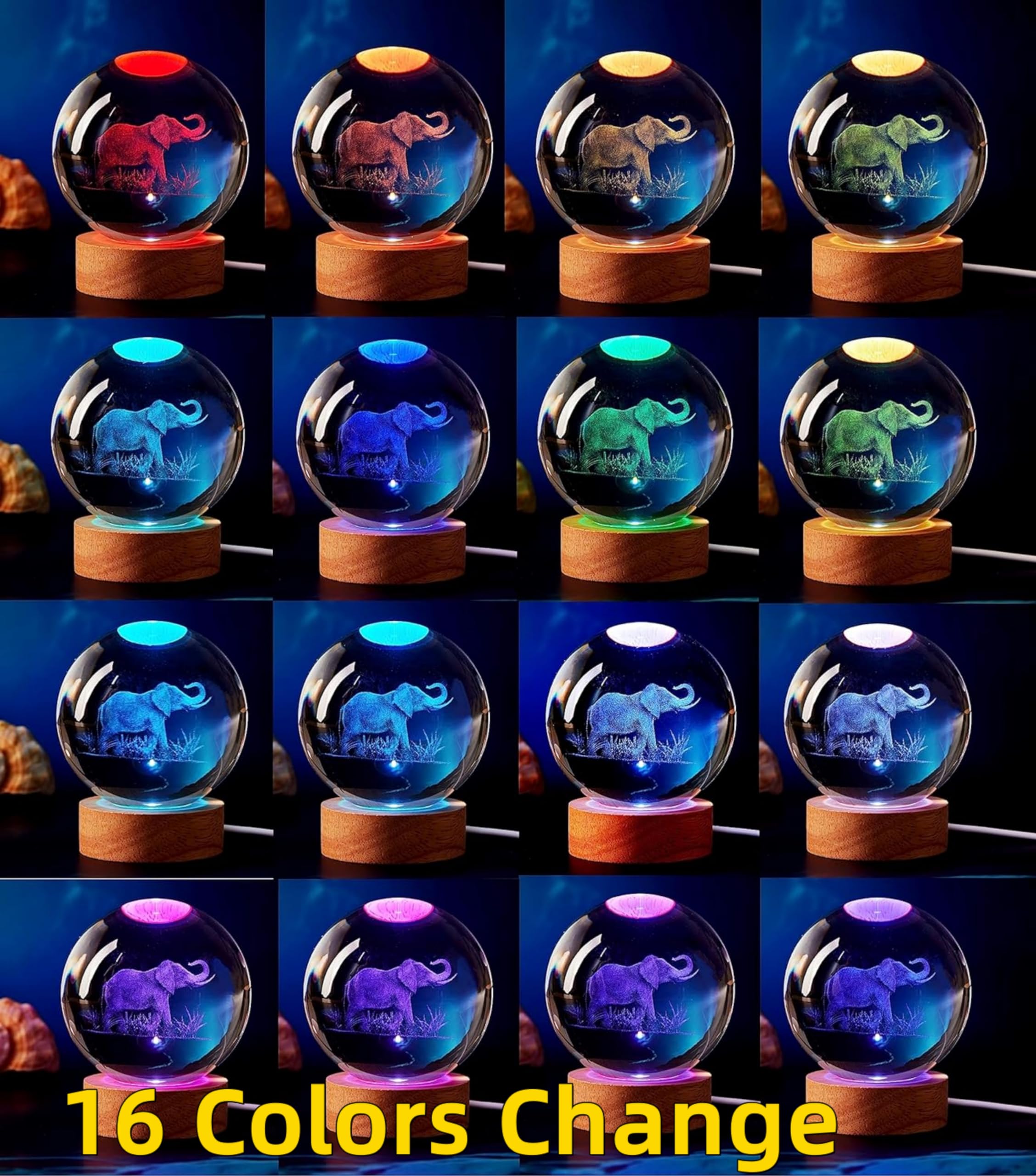 3D Elephant Crystal Ball Lamp, Upgraded 3.15 Inch Elephant Crystal Ball Night Light With 16 Colors Led Wooden Base, Remote Contr