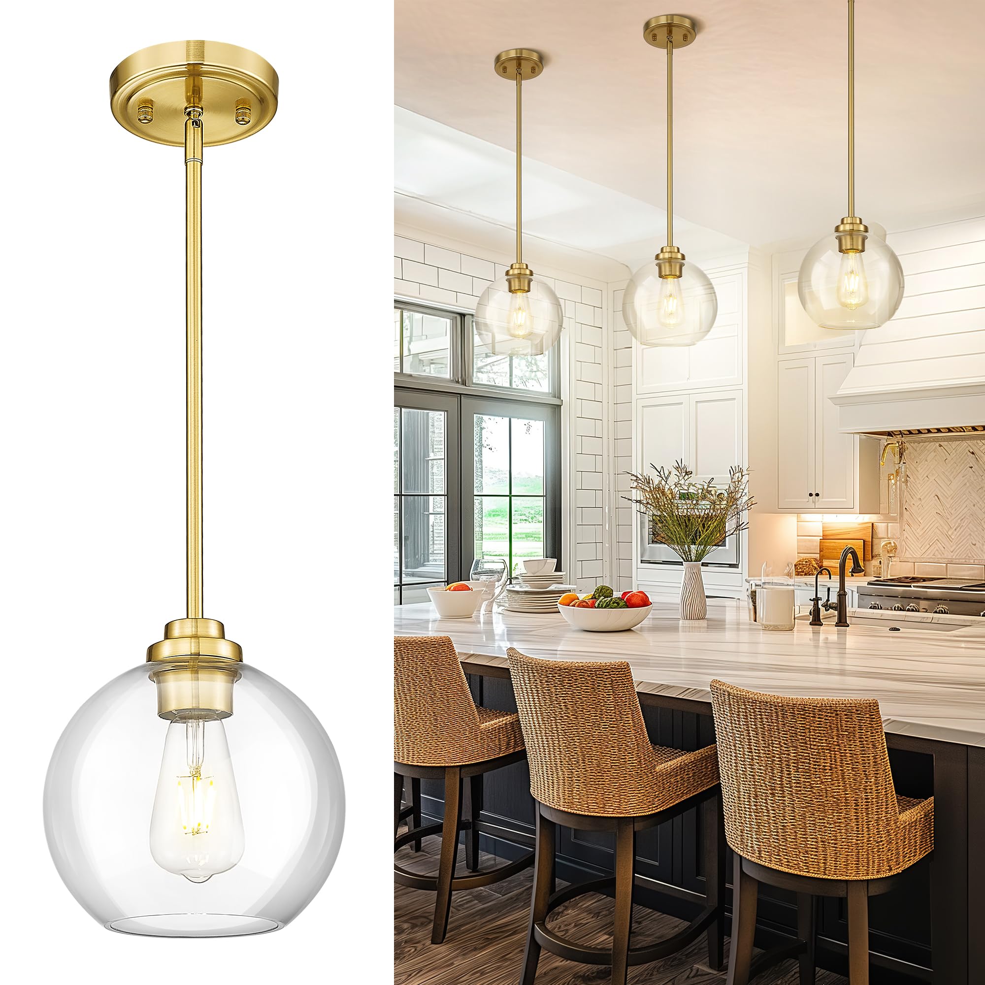 JAZAVA 8 inch Modern Gold Pendant Light Fixtures, Mid Century Globe Pendant Lights with Clear Glass, 1 Light Hanging Lights for 