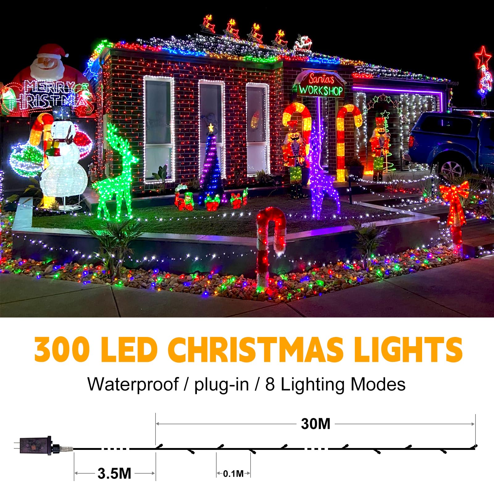 Flvoecn 98Ft 300Led Christmas Lights - Outdoor Decorations With 8 Modes, Memory Timer & Waterproof Plug-In Fairy String Lights F