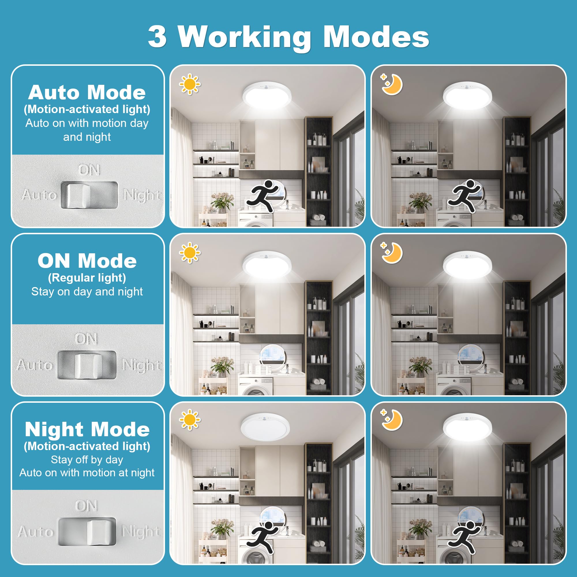 Hard-Wired Motion Sensor Ceiling Lights, 9In 20W Flush Mount Motion Led Ceiling Lights, 3000K 4000K 6000K Indoor Ceiling Light For Closet Doorway Stairway Hallway, 2 Packs, Not Battery Operated