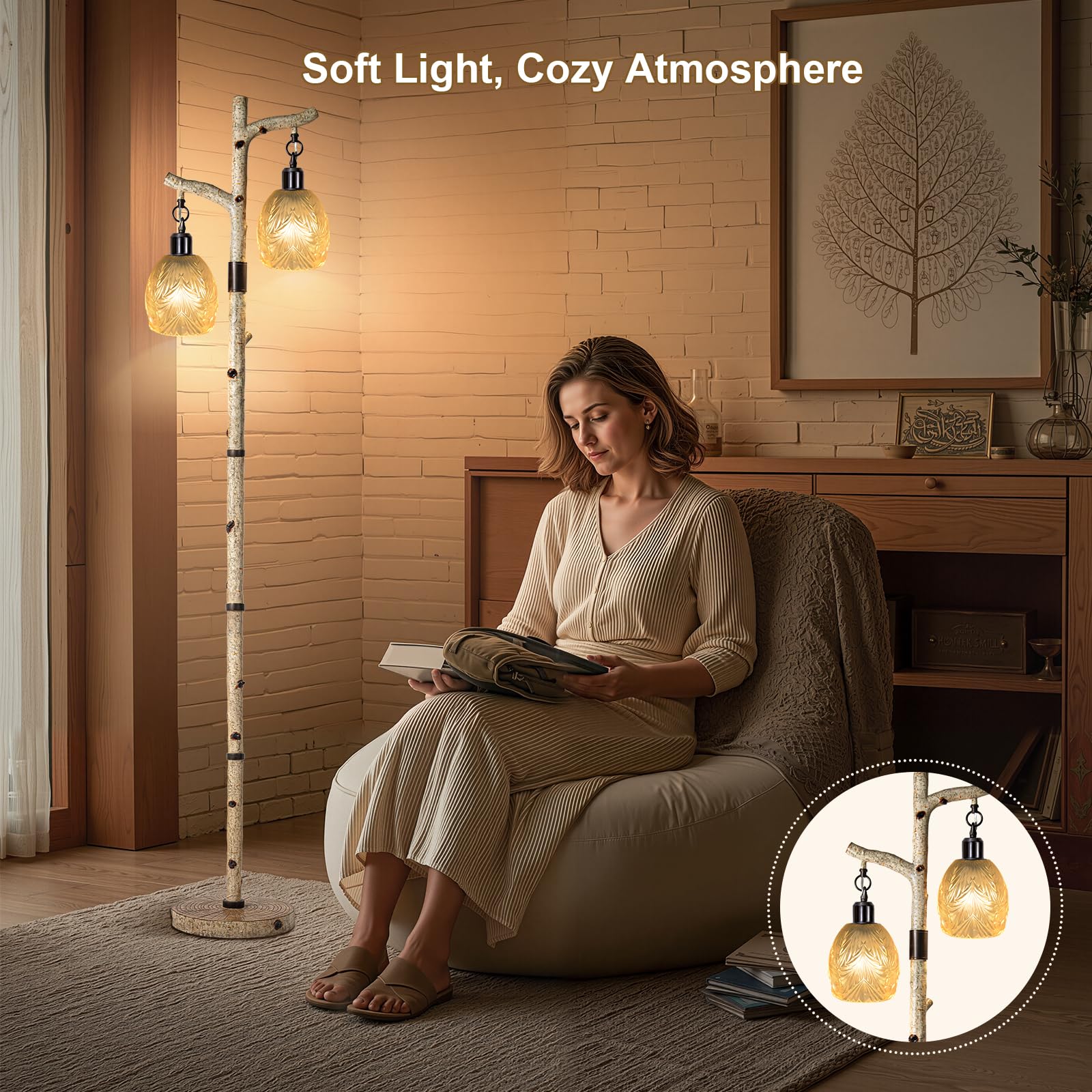 Scenekoy Retro Floor Lamp 68.5” Tall, Dimmable Resin with Carving Shade, Light Gray - Model SL018-2 for Living Room & Bedroom Decor