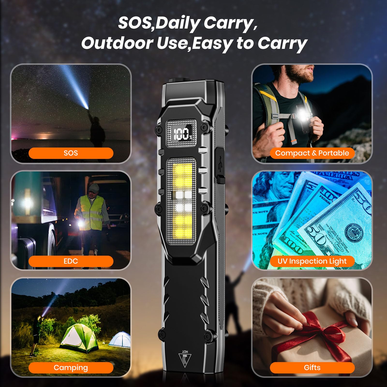 EDC Tactical Flashlight, 1100 High Lumens Rechargeable LED Flat Flashlight w/ Clip & Digital Display, Pocket Flashlight for Home