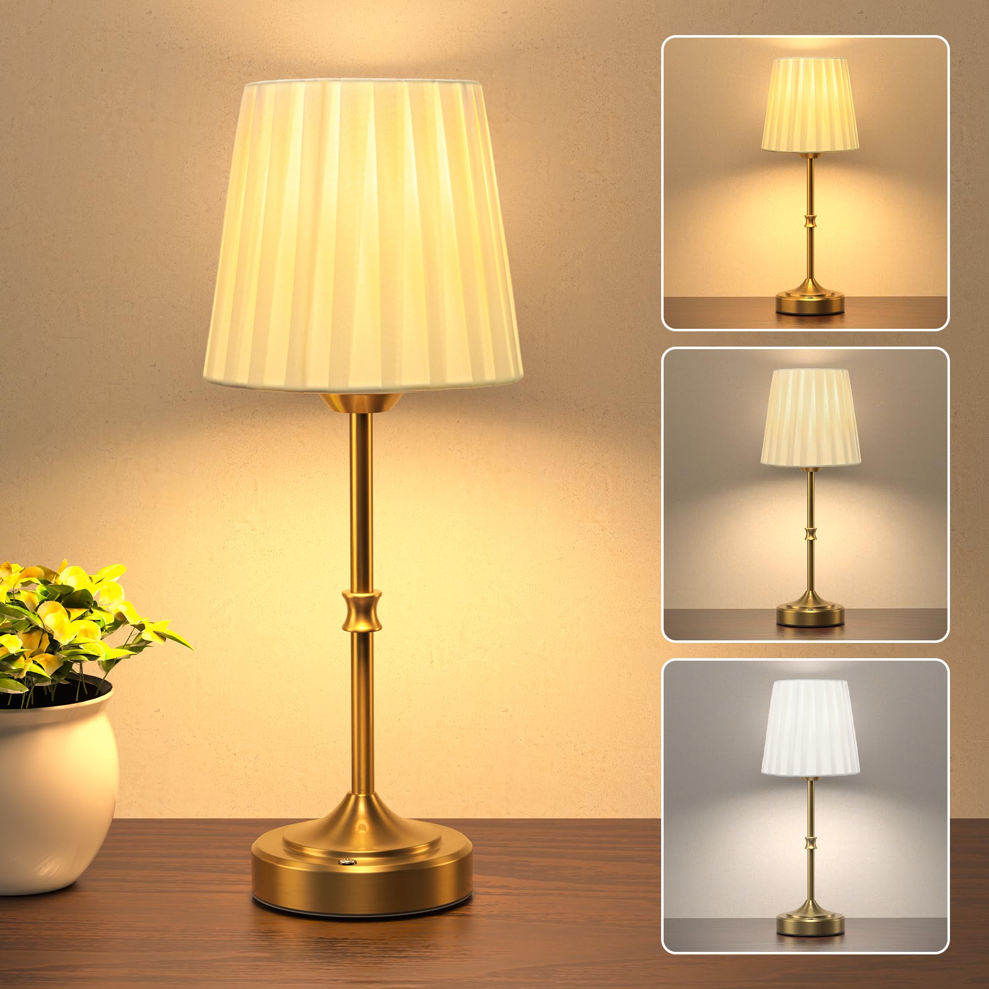 JACKYLED Portables Cordless Table Lamp, 3 Color Light Fabric Shade Vintage Gold Desk Lamp, 5400mAh LED Rechargeable Table Lamp,