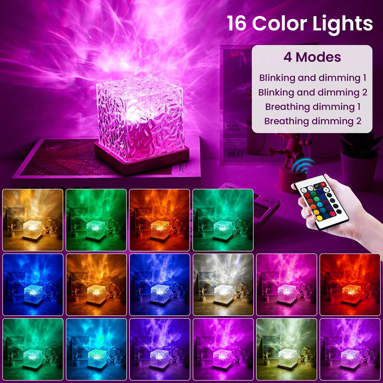 Northern Lights Ocean Wave Projector Light,16 Colors Gradual Rotating Water Cube Lamp,Underwater Projector Light With Remote Con
