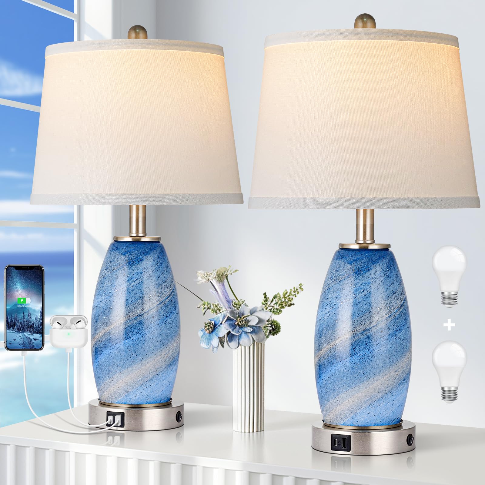 Table Lamps Set of 2, 3-Way Lighting Modes Modern Table Lamps for Bedroom, Blue Bedside Lamps with USB C+A, Glass Nightstand Lamps, 23.5" Table Lamps for Living Room Bedroom Decoration