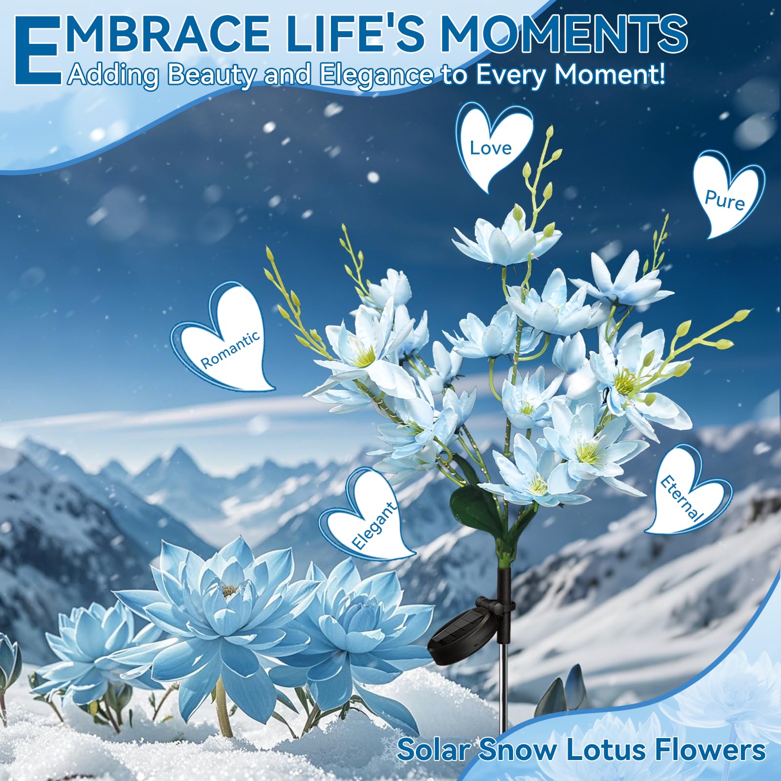 Neporal Solar Flowers 5-Head Snow Lotus, Waterproof IP65, Warm LED Light, 4 Packs, Blue