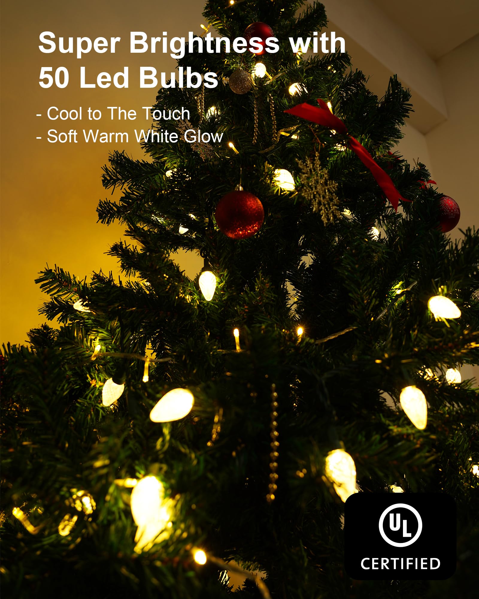 Topkda C7 Led Christmas String Lights, 25.16Ft 50 Led Connectable Outdoor Indoor Decorative Light Strand, Warm White Xmas Holida