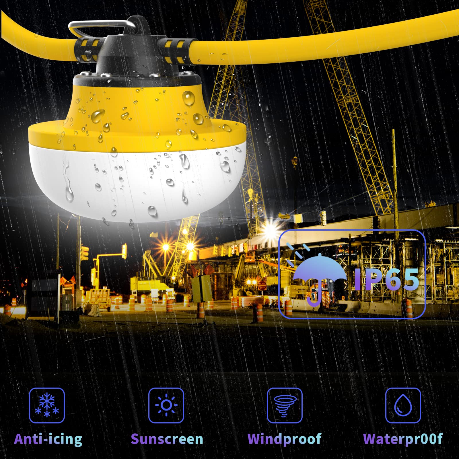Muasdae 100FT LED Construction String Lights, Yellow, Industrial Grade, Outdoor Lighting with Climbing Hook, 2 Prong