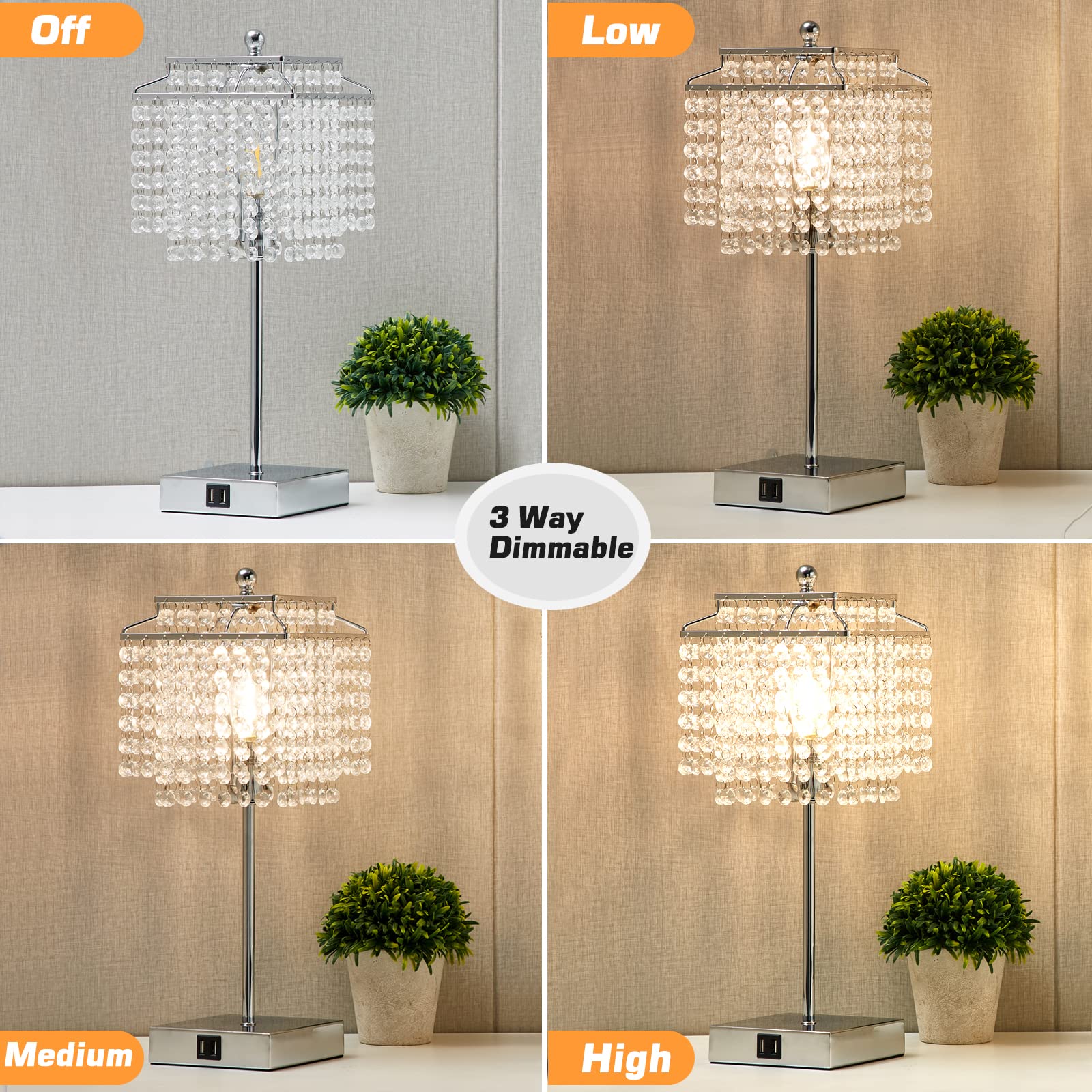 Luvkczc Crystal Table Lamp - Touch Control, 3-Way Dimmable, USB, Silver, Includes 6W LED Bulb, Perfect for Bedroom & Living Room