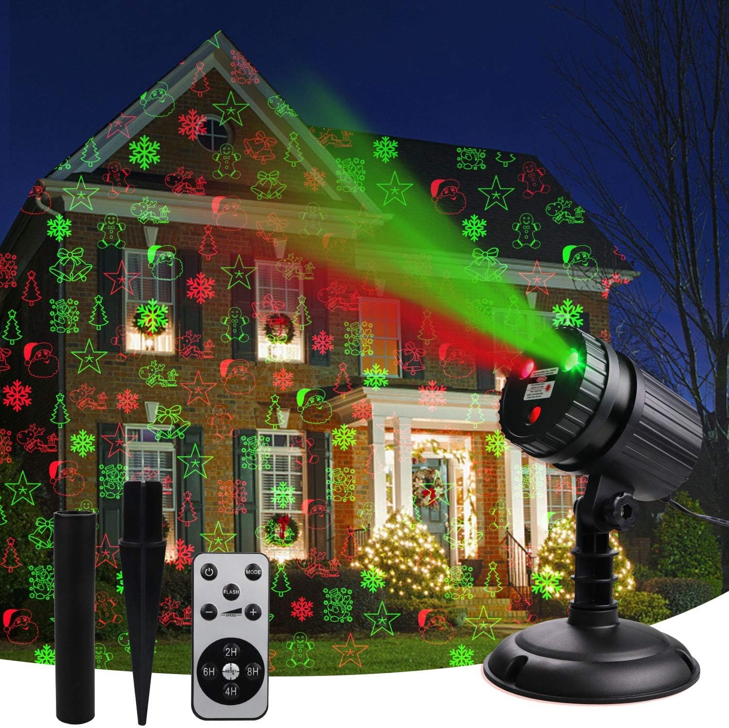 Christmas Laser Lights Projector Outdoor, Projector Lights Landscape Spotlight Red and Green Star Show with Xmas Decoration Patt