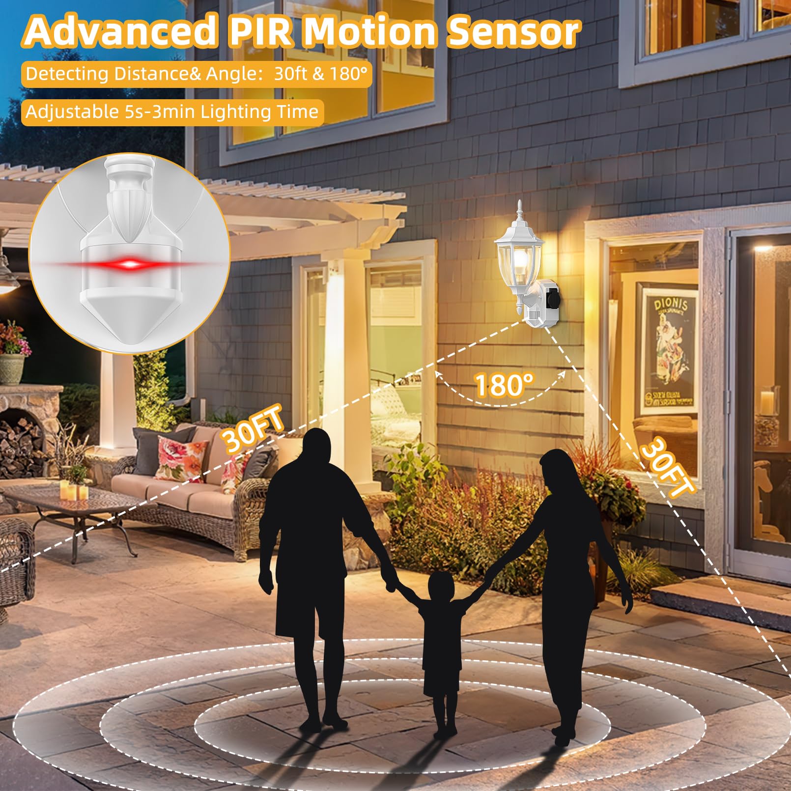 OYKYOHEI Porch Light with Outlet, Motion Sensor, Waterproof, 1 Pack, White