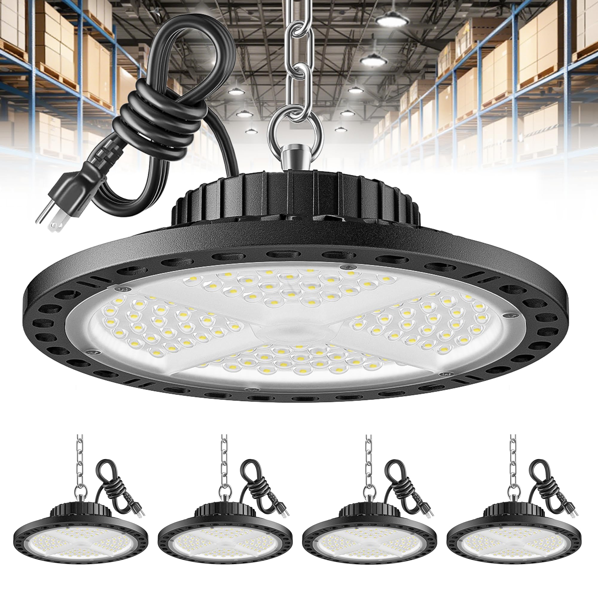 ISKYDRAW UFO LED High Bay Light 100W, 4 Pack Shop Lights for Warehouse with Plug, 15000LM 6500K Daylight IP65 Waterproof Commerc