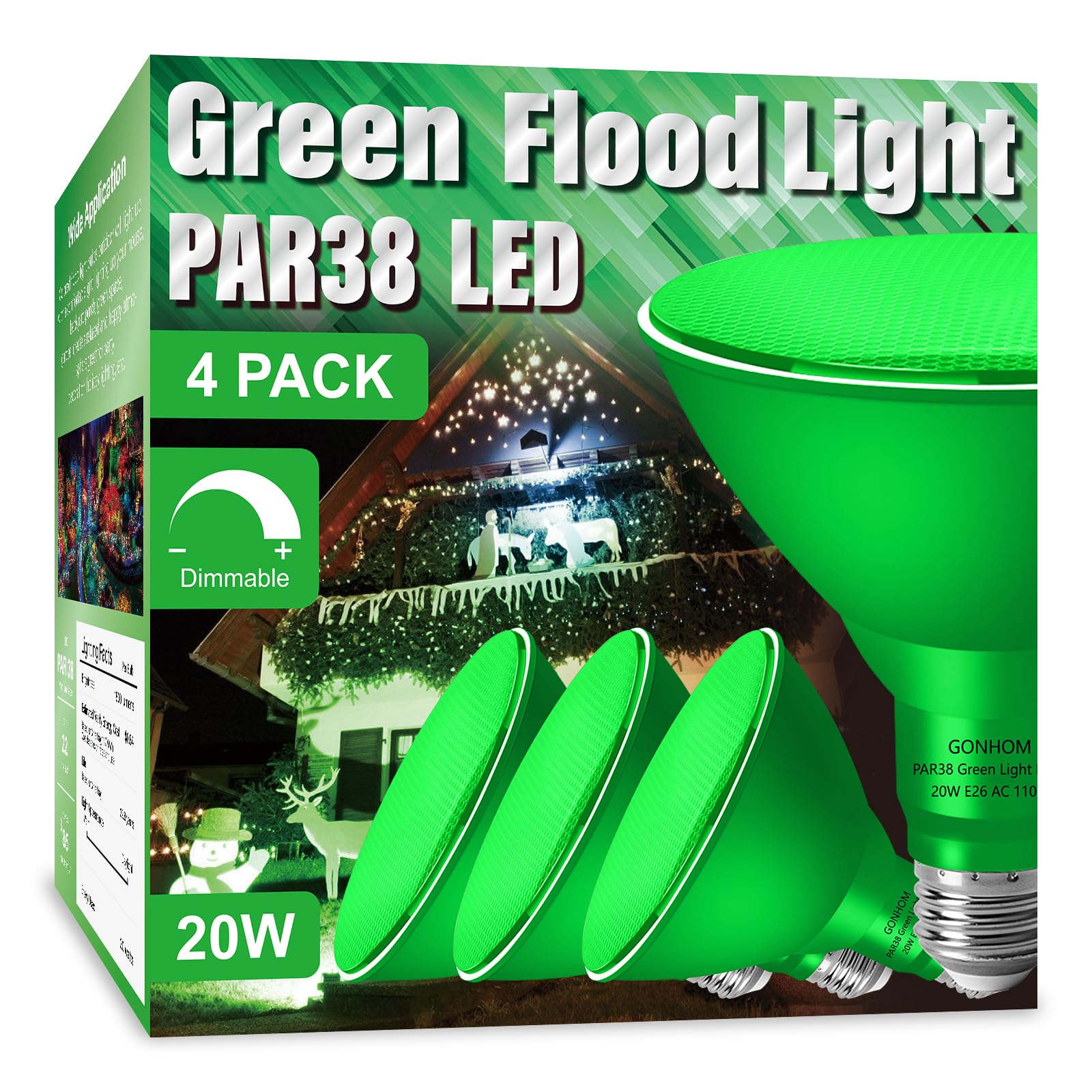 Gonhom Par38 Green Flood Light Bulbs, 20W Dimmable, 4 Pack, E26 Base, Outdoor Christmas Lighting