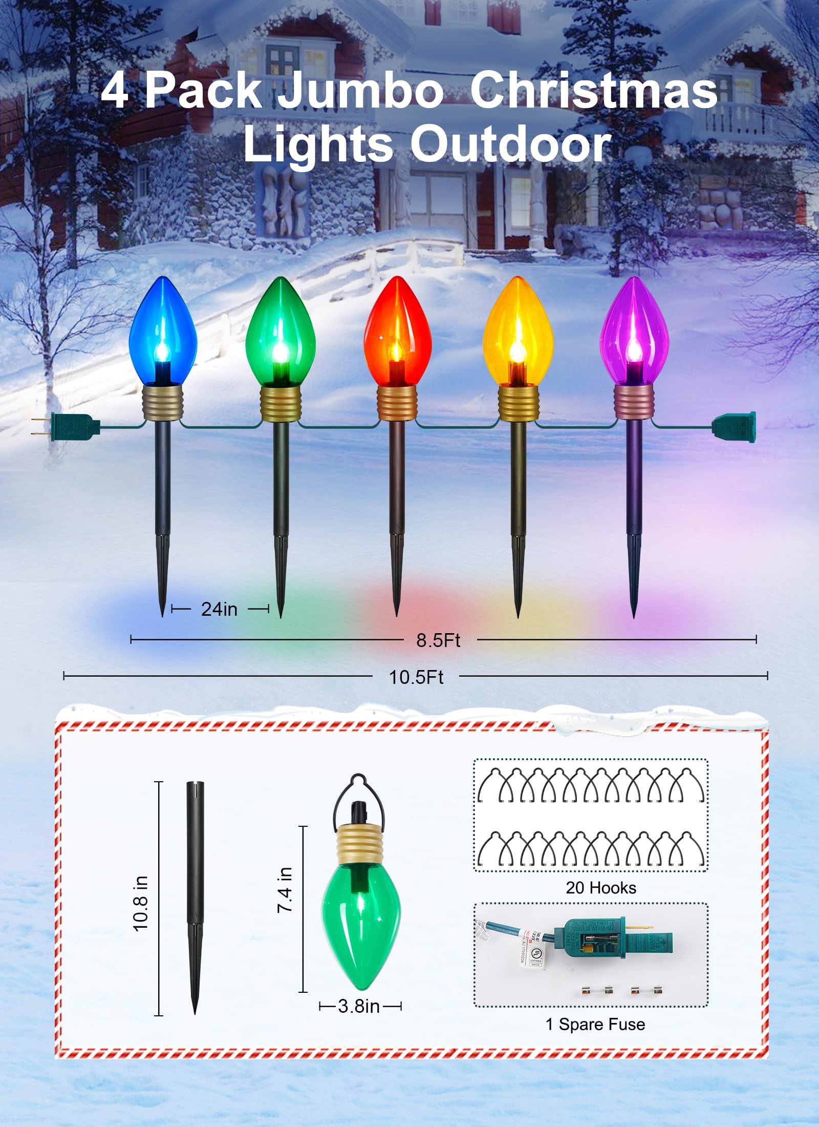 Brightown Jumbo C9 Multicolor Christmas Pathway Lights - 4 Pack, 8.5ft, 5 LED C7 Covers, Outdoor Decorations