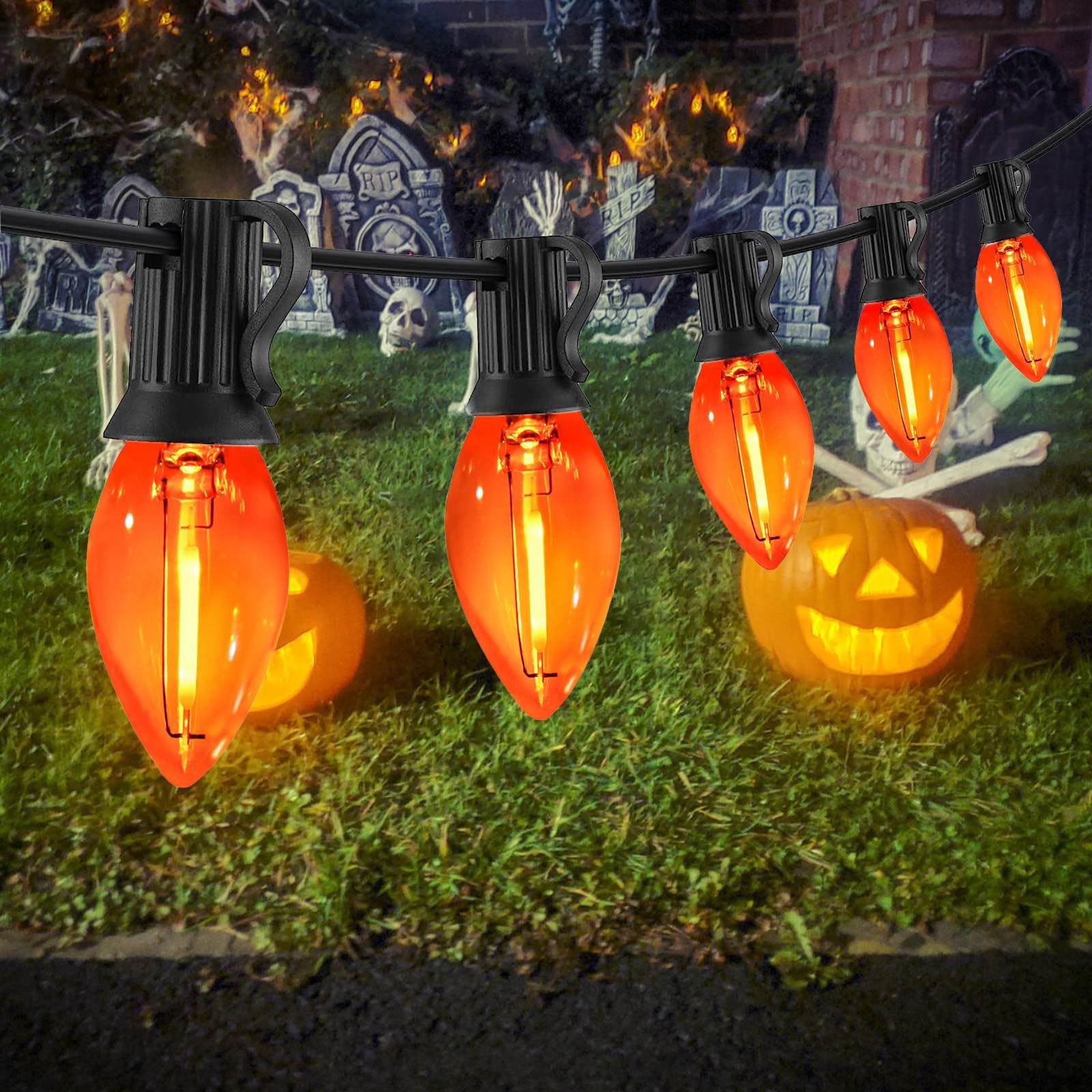 Chyparty C7 Orange Halloween Lights Outdoor  25Ft Led String Lights With 25 Bulbs  Waterproof Fall Thanksgiving Decor For Patio  Fence  Tree  Party