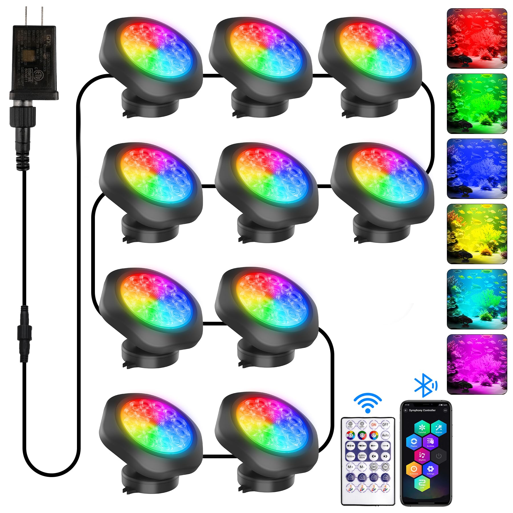T-SUN Submersible RGB LED Pond Lights - IP68 Waterproof Fountain Lights with Smart App & Remote, 16 Million Colors Underwater Li