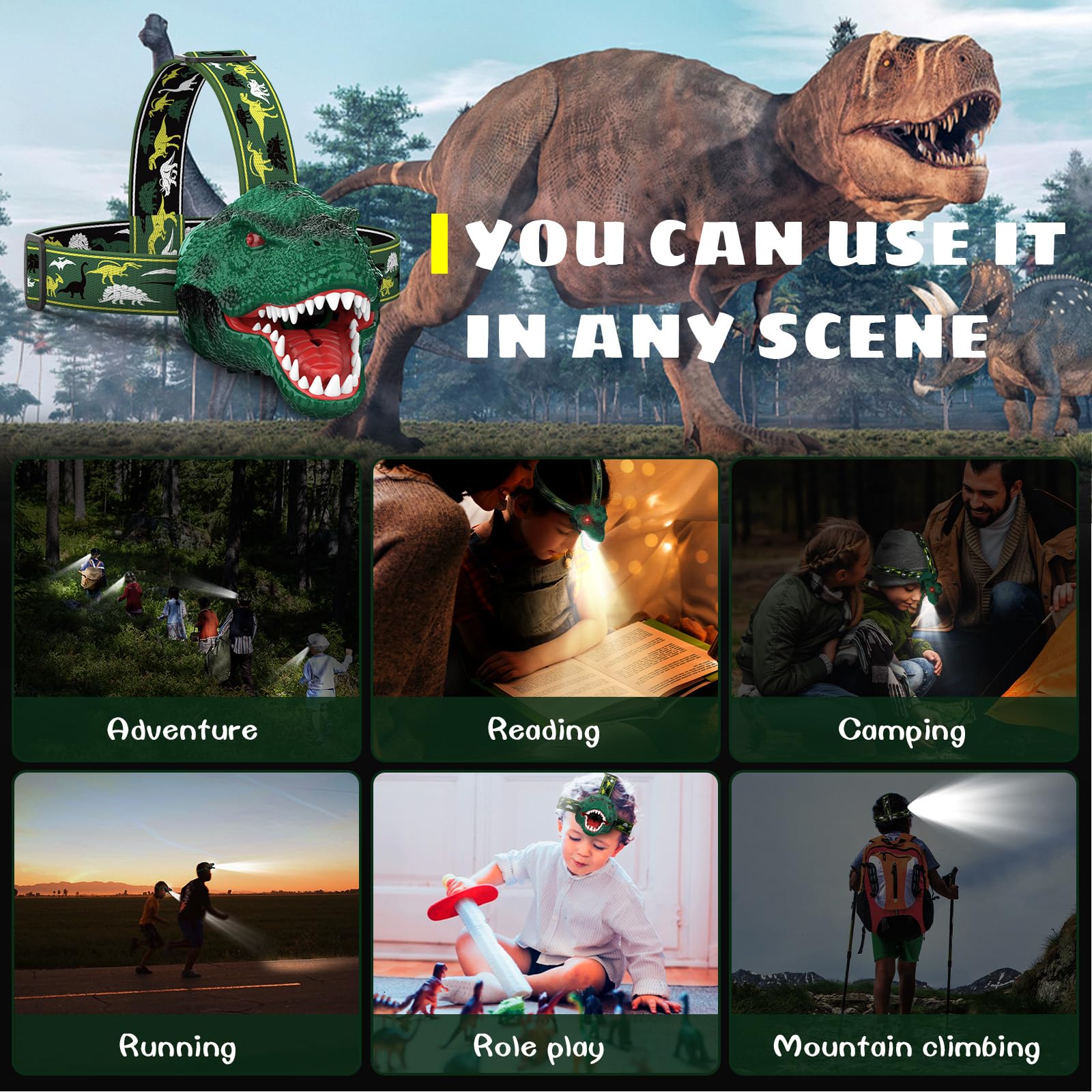 Dysaim Kids Headlamp,Rechargeable T-Rex Dinosaur Headlamp For Kids And Led Head Lamp Camping Gear Flashlight,Hiking Accessories