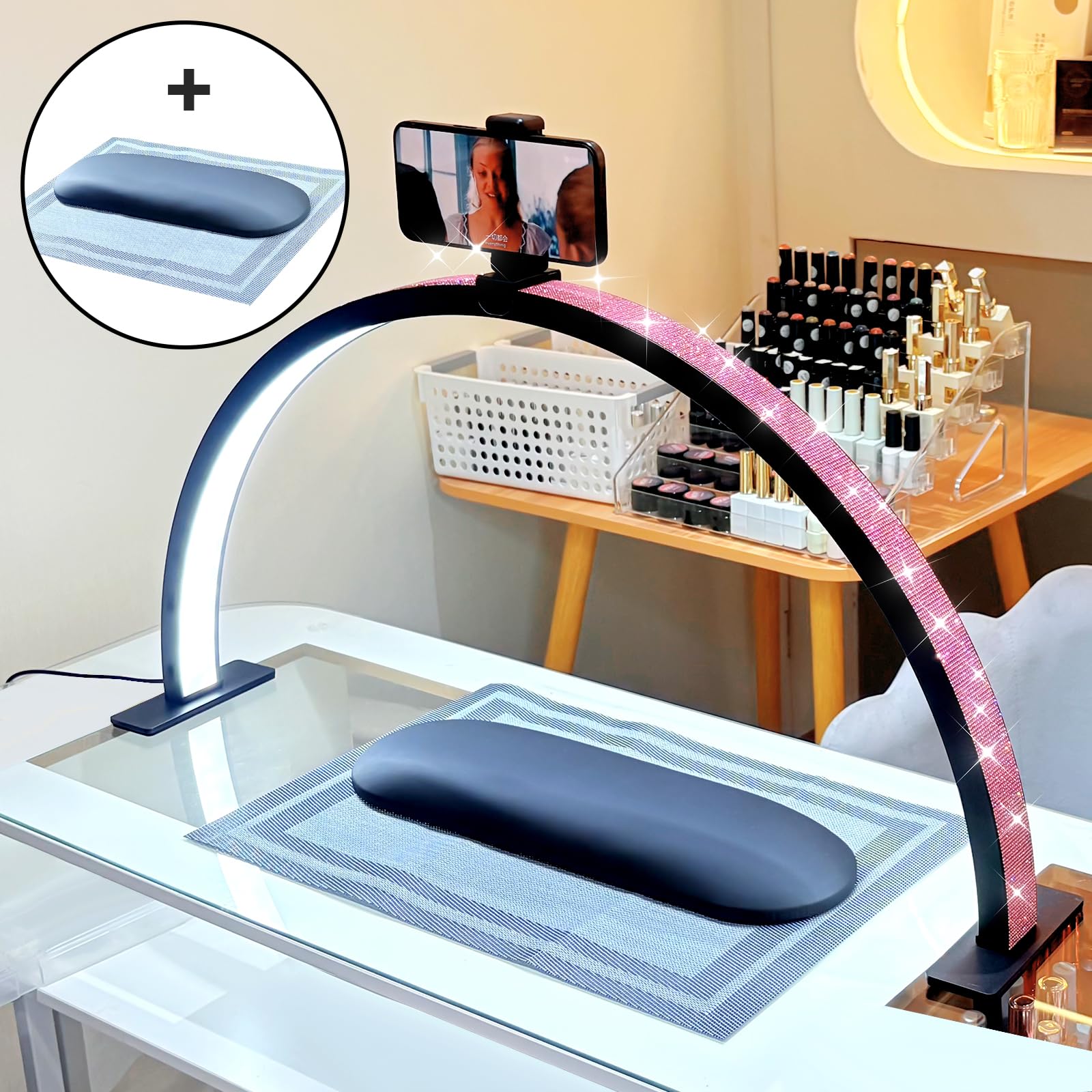 FFKJDM Half Moon Light for Nail Desk - 29-inch LED Nail Tech Lamp with Hands Pillow, Phone Holder,Dimmable Arch Design,48W Porta
