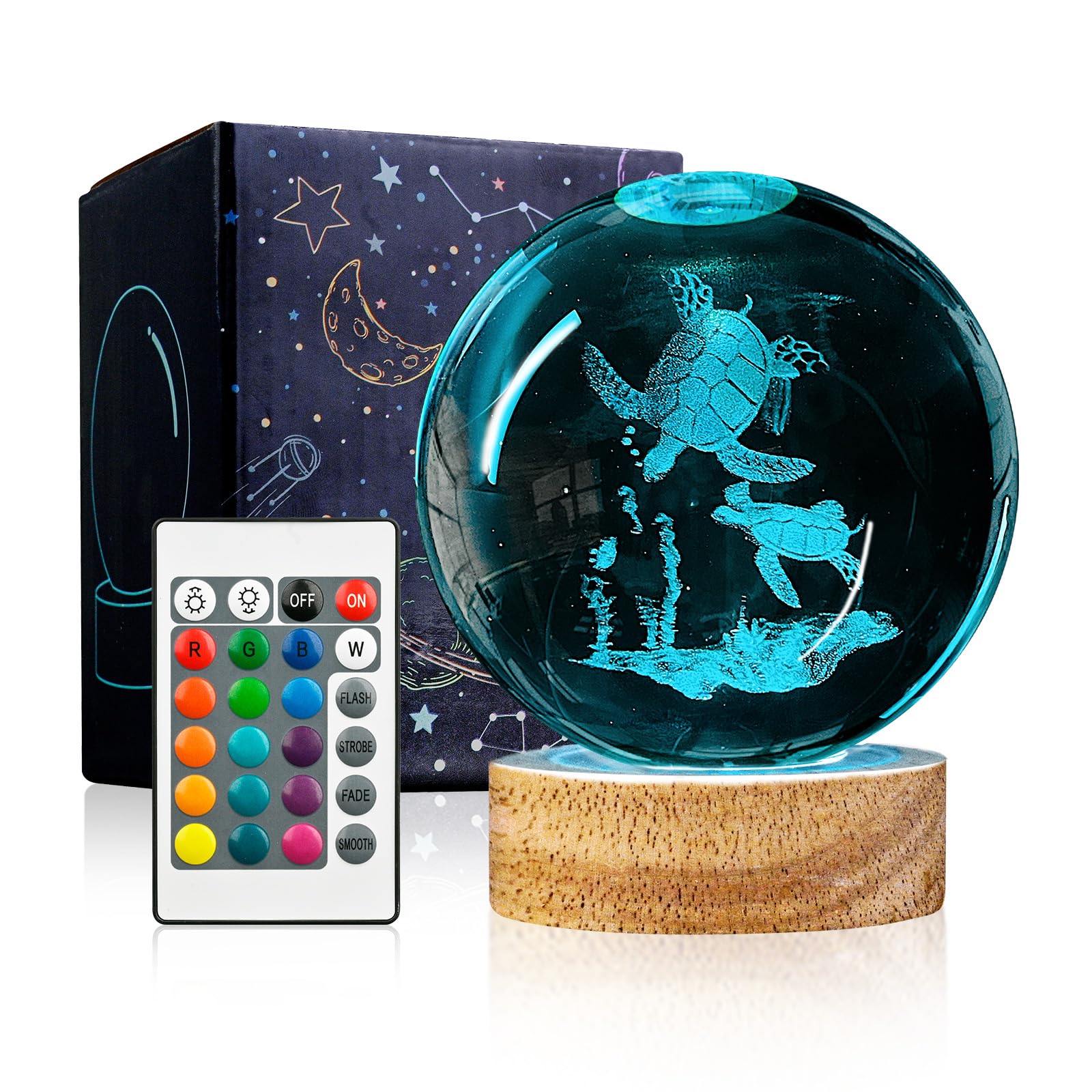 3D Sea Turtle Crystal Ball Night Light with Woodern Base, 3.15 Sea Turtle Glass Ball Lamp 16 Colors with Remote Control Sea Turt