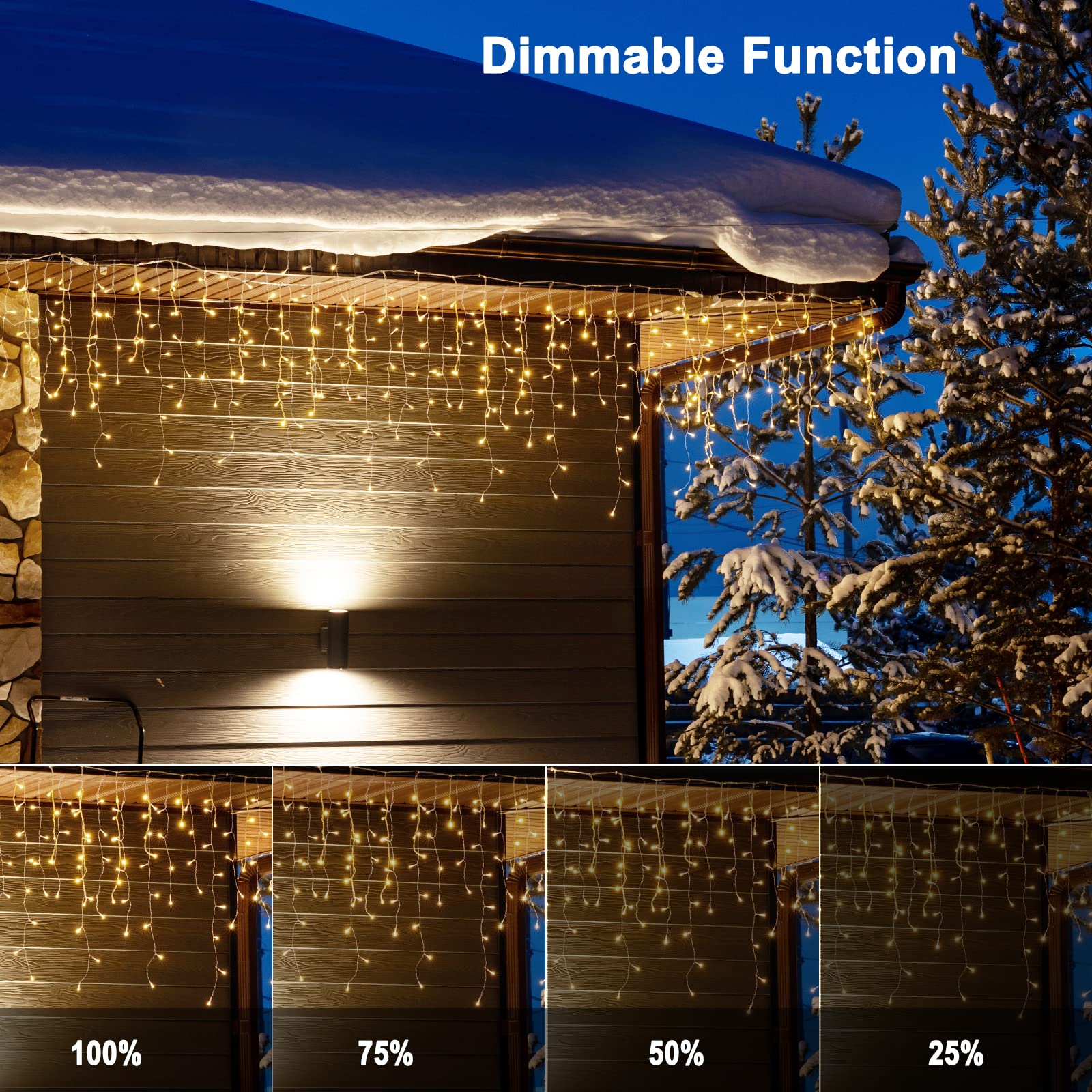 Brightown Icicle Lights Outdoor - 736 LED 66 FT, Warm White, 8 Modes, Waterproof, Remote & Timer, Model JT-EL/FC300V0300-D1