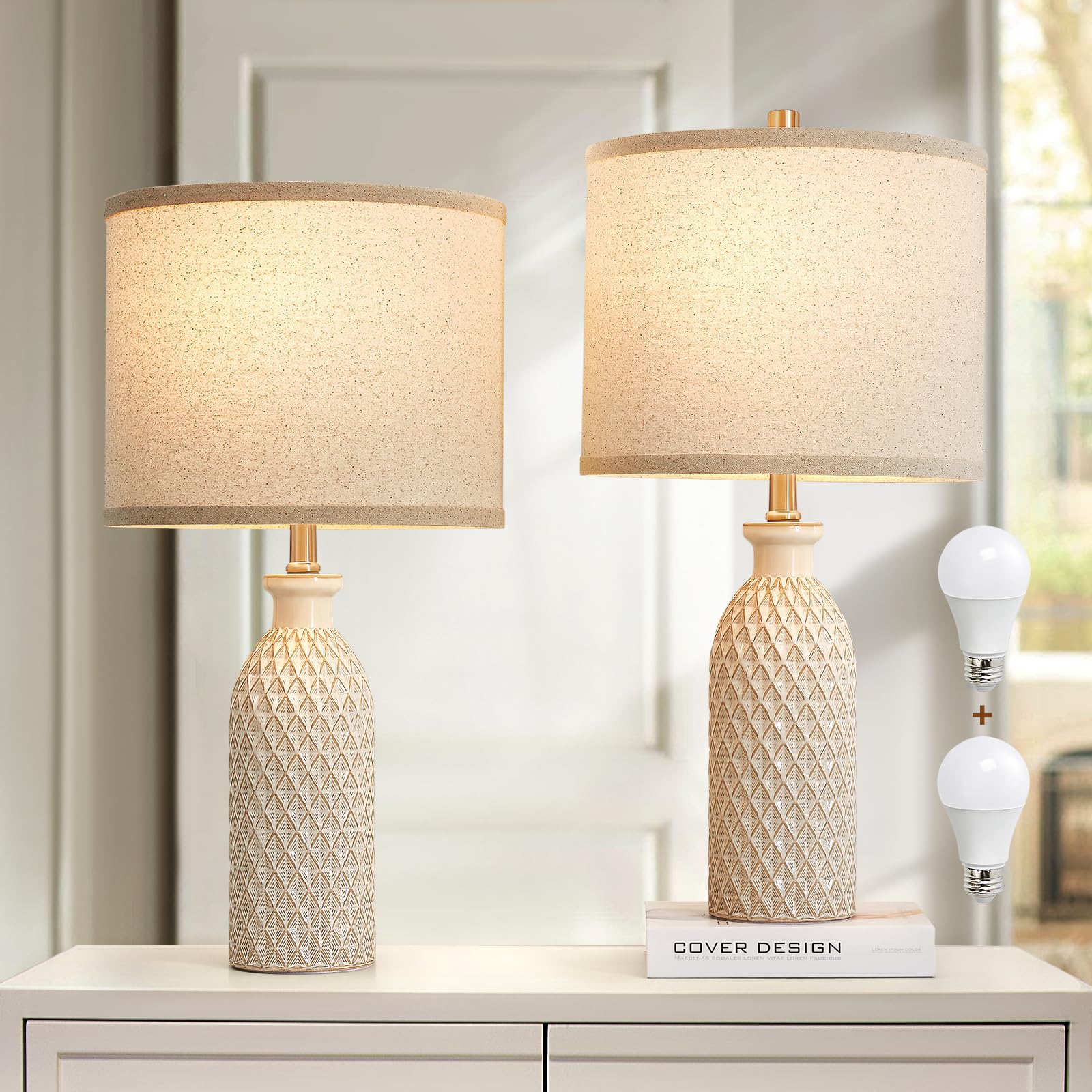 Luvkczc Ceramic Table Lamps Set Of 2, Farmhouse 24.8'' Bedside Lamps With 3-Color Temperature, Modern Nightstand Lamp Desk Readi