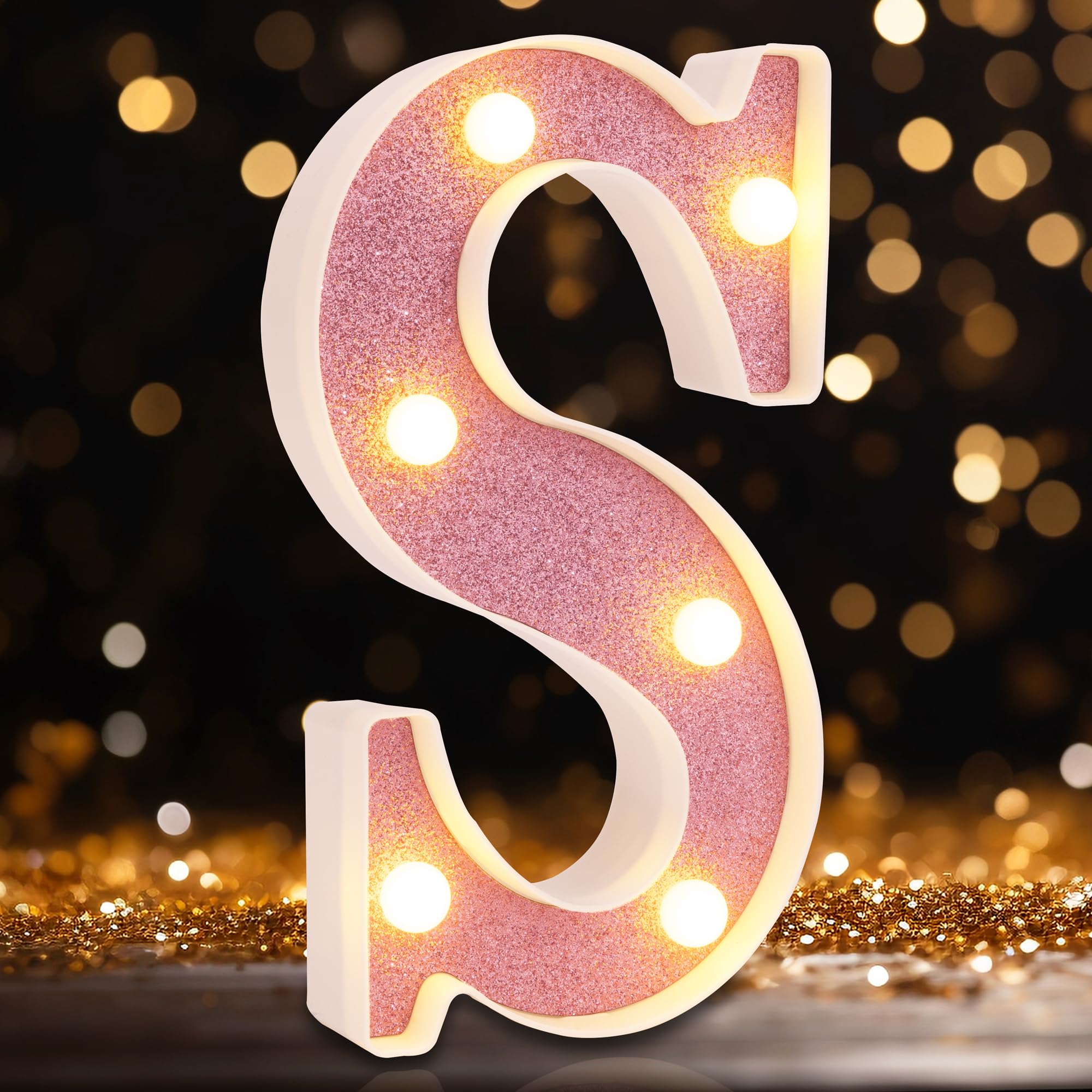 DyingSwan Small LED Marquee Letter S, 8.58 Inch Pink Glitter Light Up Sign, Battery Powered Plastic Decor for Table and Parties