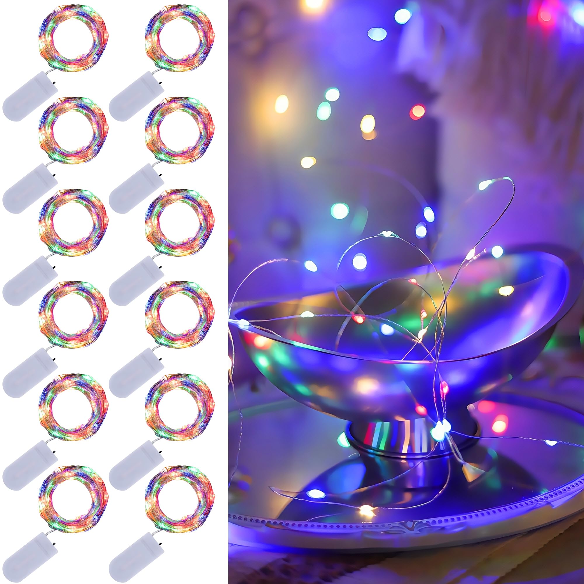 WATERGLIDE 12 Pack Colorful Fairy Lights Battery Operated (Included), 7 ft 20 LED Mini String Lights, Waterproof Silver Wire Fir