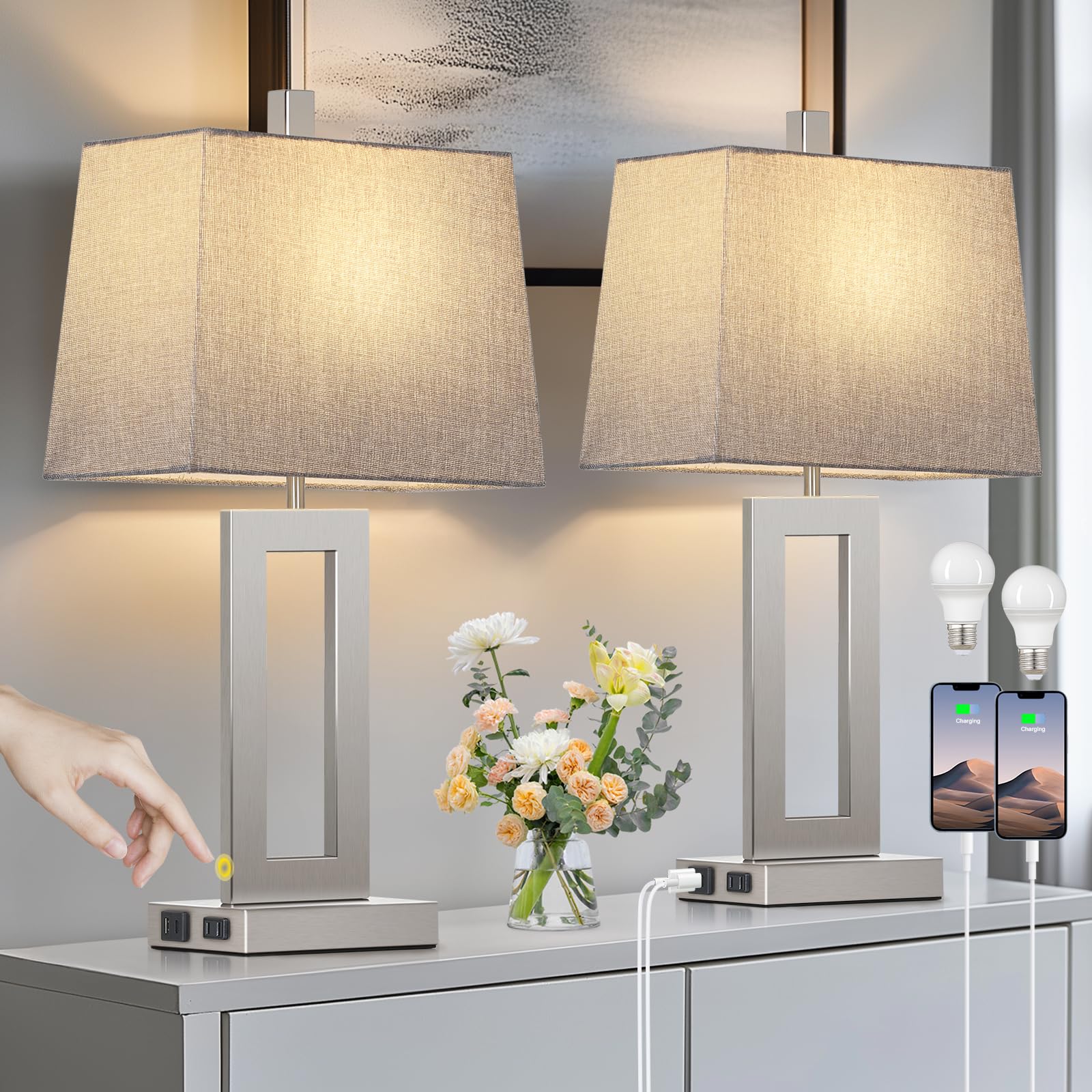 Cinkeda Touch Control Table Lamp Set of 2, Modern Gray Lamps with USB C+A Ports, 3-Way Dimmable, Model TD-CK