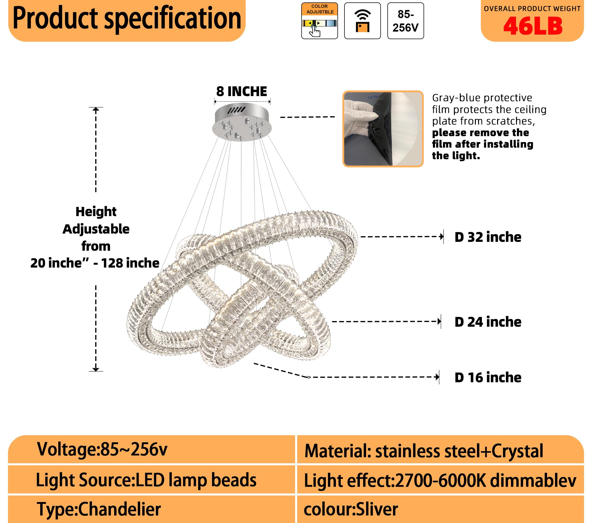 Idequy Dimmable Led 15.7'' Ring Pendant Light Modern Adjustable Black Round Crystal Chandelier Light Fixtures For Dining Room Li