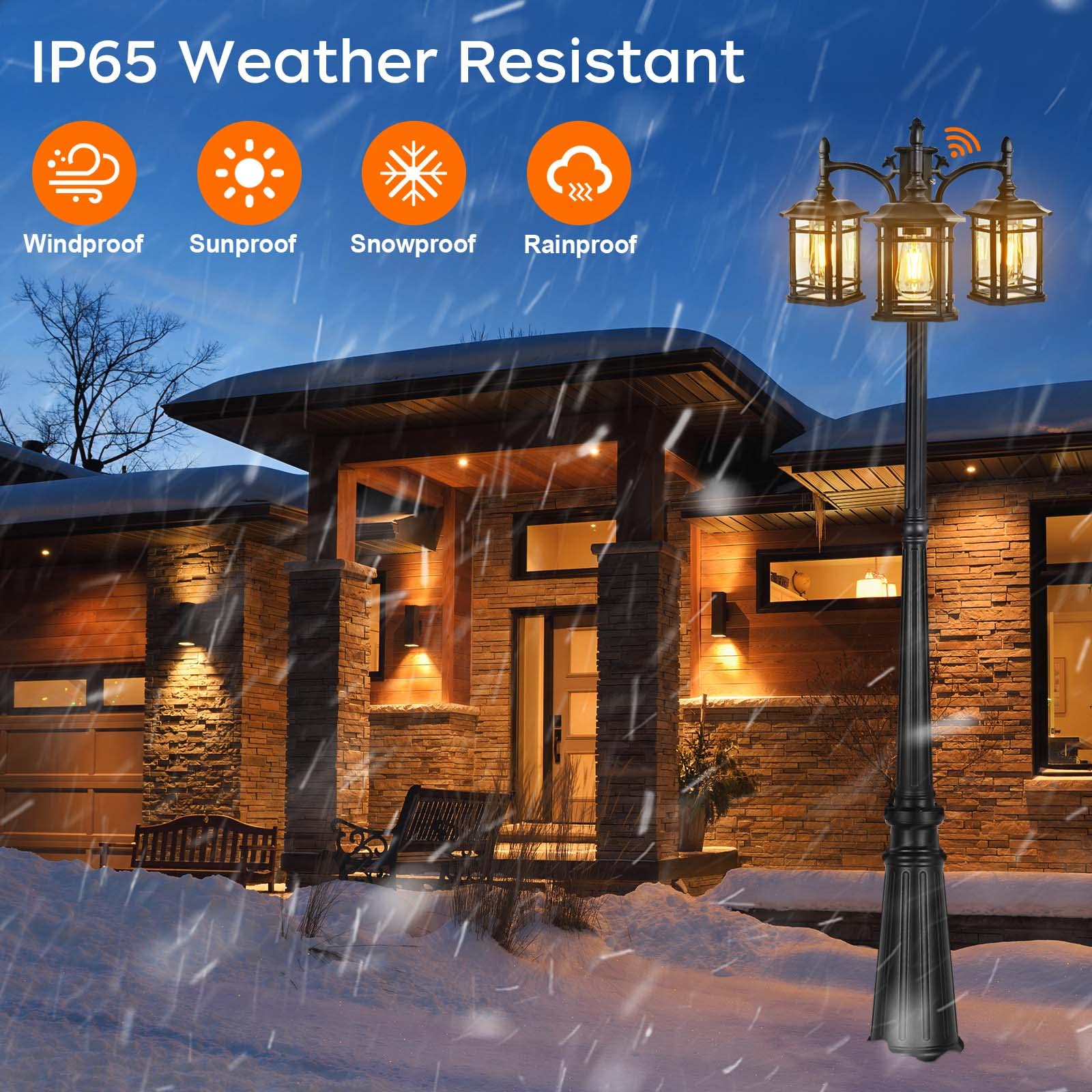 Partphoner Dusk To Dawn Outdoor Lamp Post Lights, Black Light Pole With Clear Glass Panels (3 Led Bulbs Included), 3-Head Hardwi