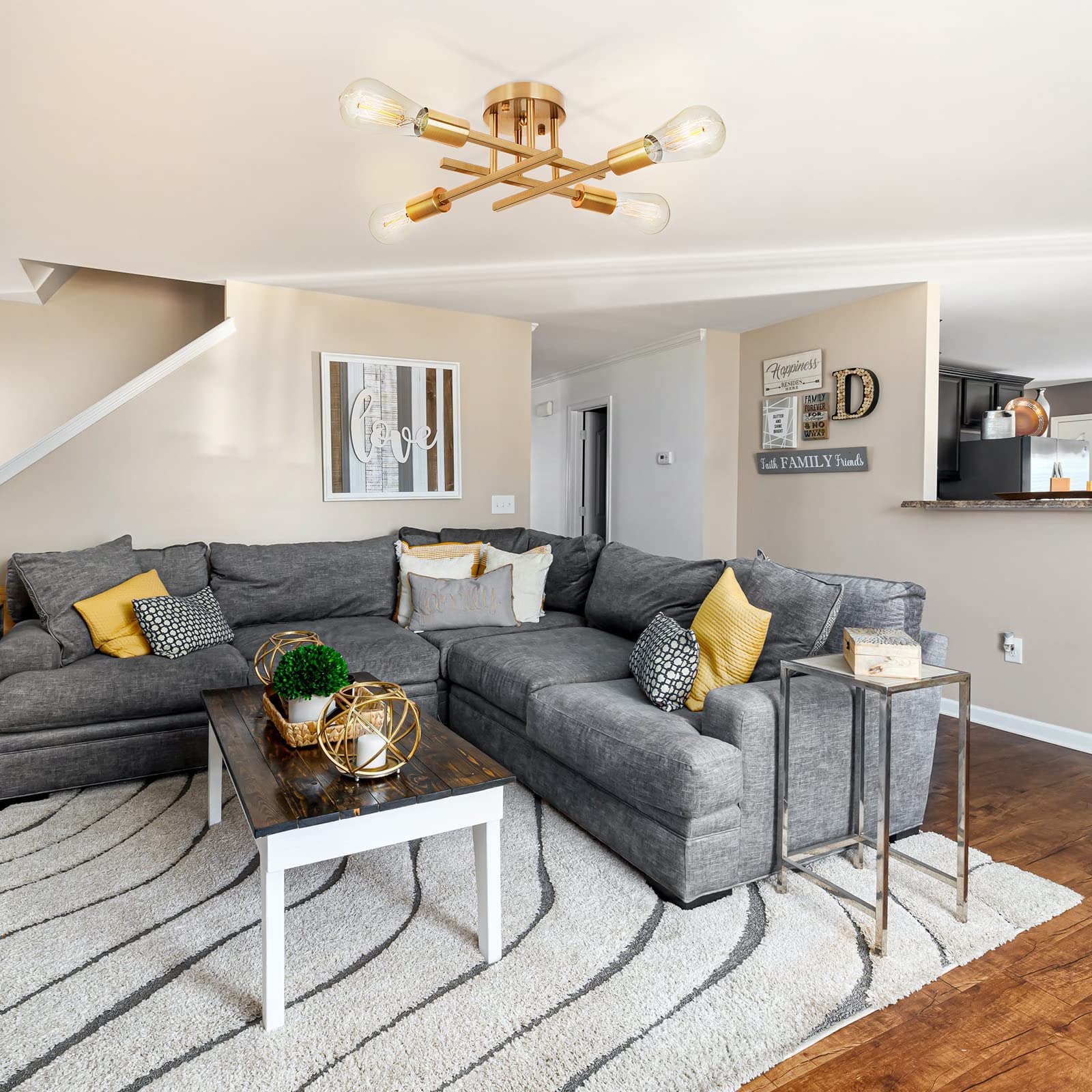 Sunrider Industrial 4-Light Semi Flush Mount Ceiling Light Fixture, Modern Lighting Brushed Golden, Rustic Sputnik Chandelier Fo