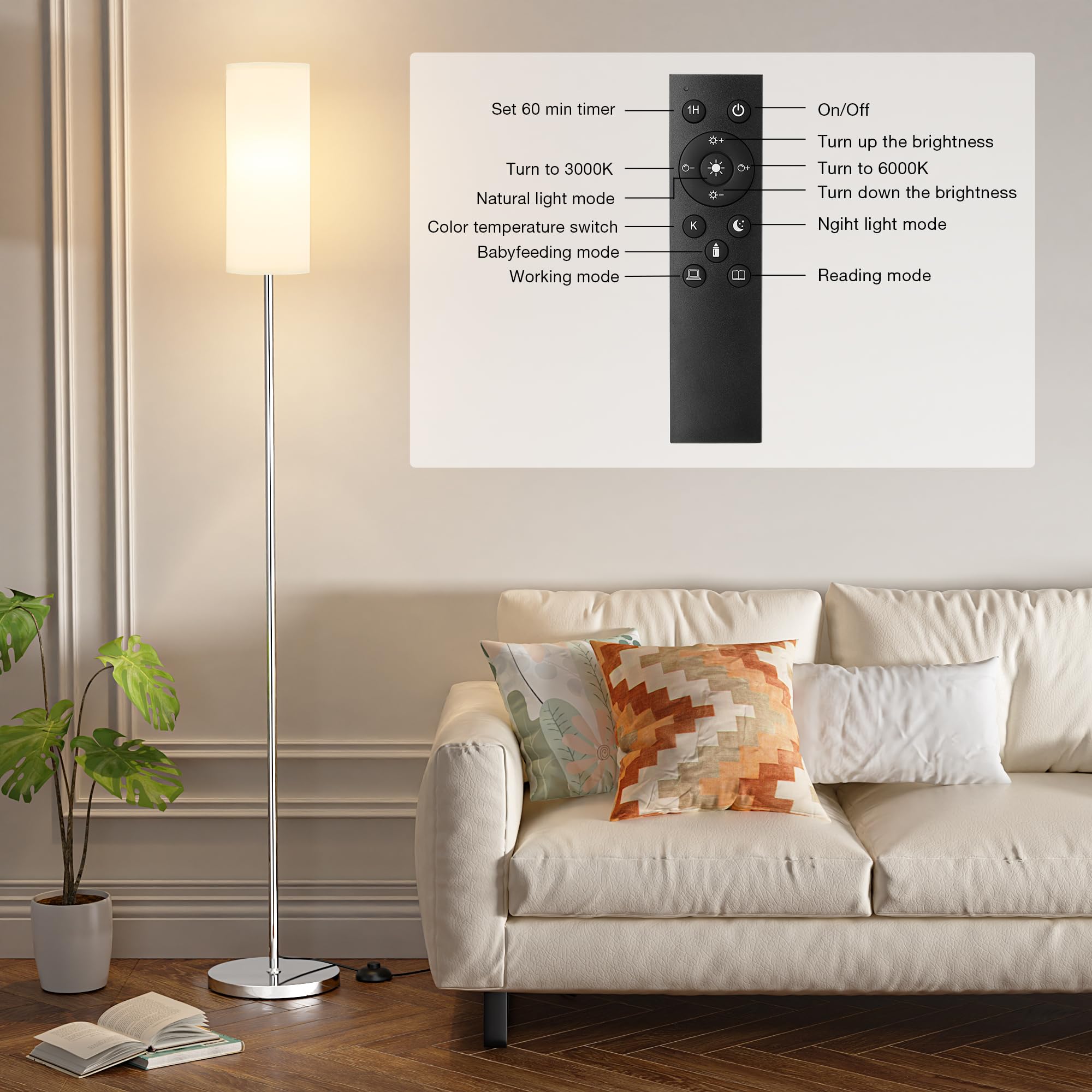 Ambimall 66'' Floor Lamps For Living Room With Remote Control And Stepless Dimmable Colors Temperature & Brightness, 9W Bulb Included(White Lampshade & Silver Pole)