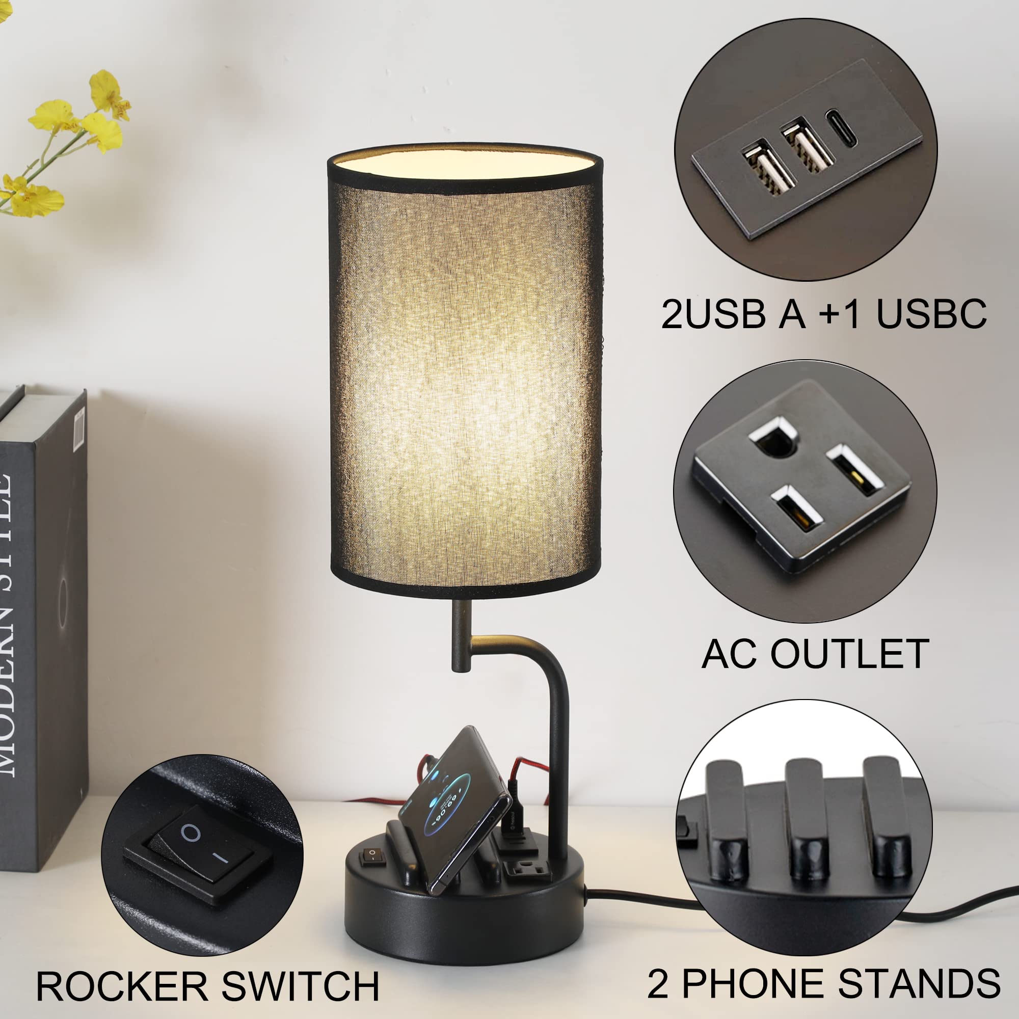 Dreamholder Table Lamp with 3 USB Ports, AC Outlet, Phone Stands, 2-Pack, Black