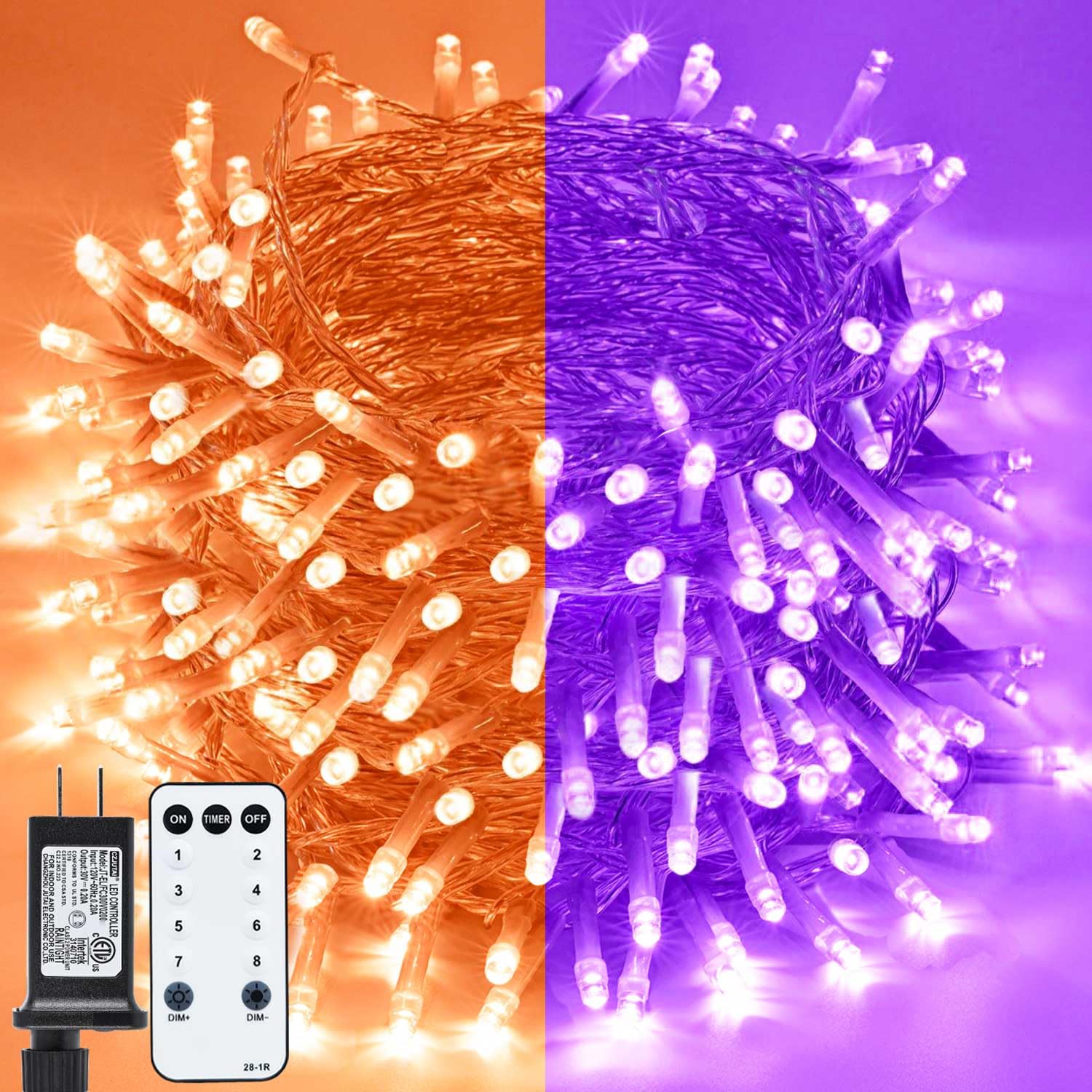 ZHOUDUIDUI Halloween String Lights, 800LED 330FT, Waterproof, 8 Modes, Purple and Orange, Indoor/Outdoor, Model JT-EL/FC300V0200
