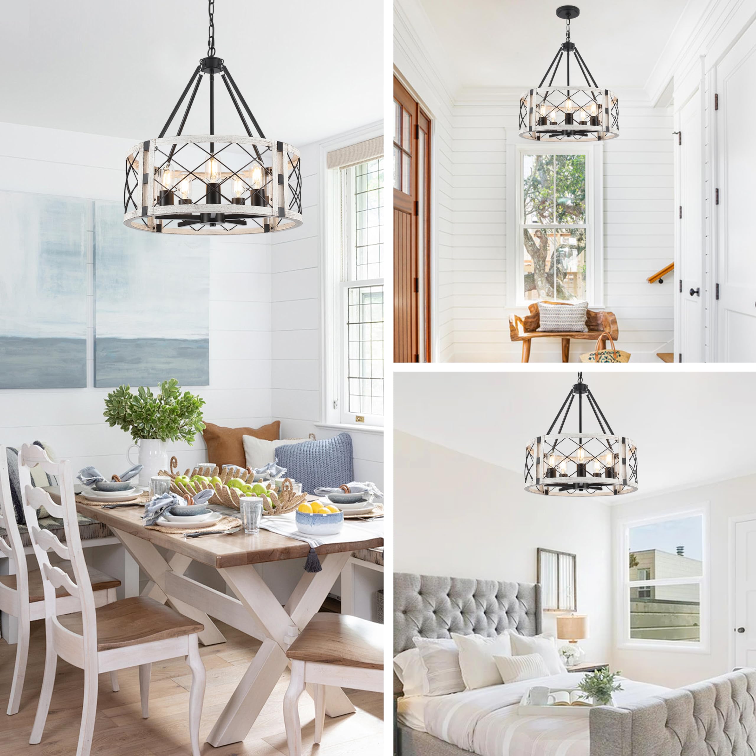 Corlaceling Rustic Farmhouse Chandelier, 5-Light White Pendant Lighting, 19.8 inch for Dining Room, Kitchen Island, Entryway