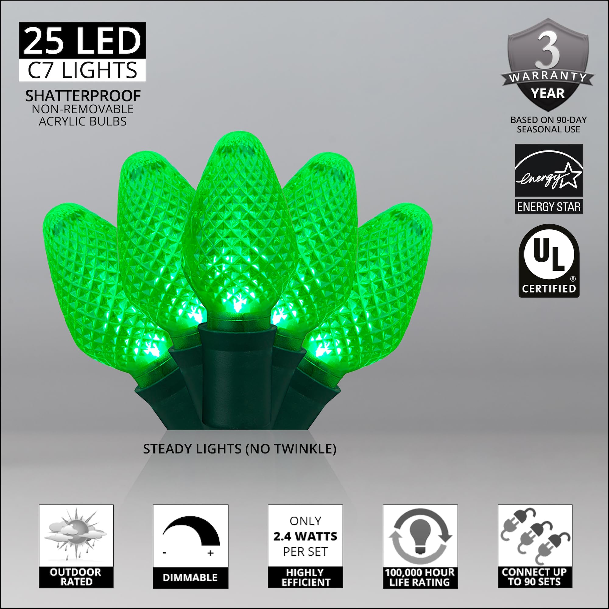 Wintergreen Lighting C7 Green Christmas Lights Set Of 25, 17 Ft, Green Led Christmas Lights St. Patricks Day Lights Halloween Lights Party Led Christmas Lights Outdoor Christmas String Lights